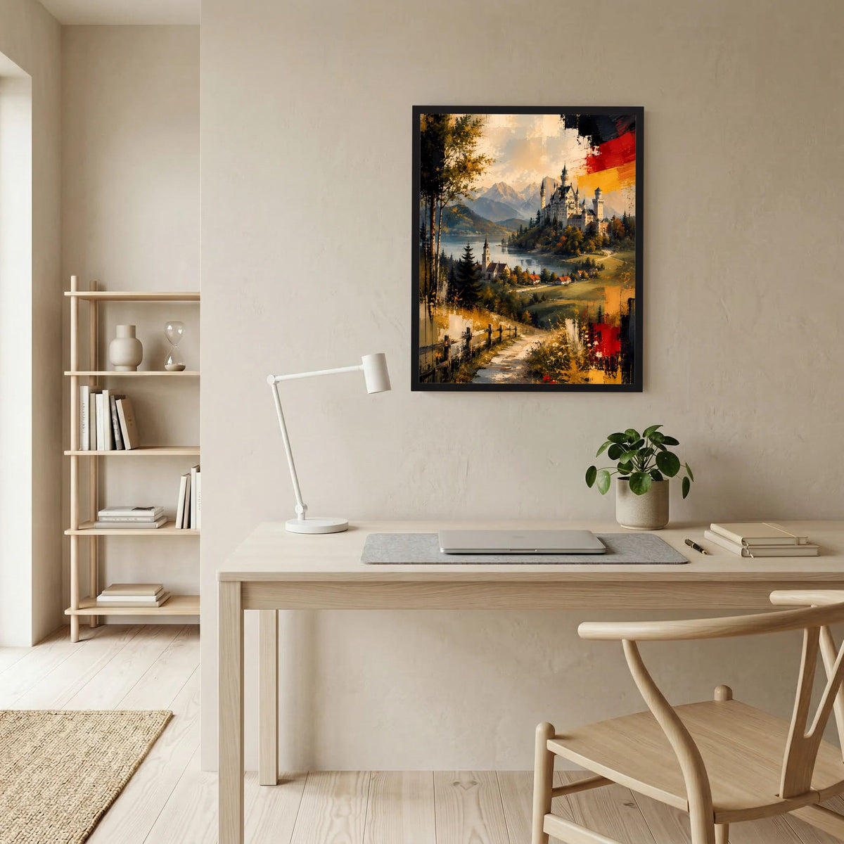 Gerahmtes Kunstposter mit Schlosslandschaft, See und Bergen in Gold- und Rottönen