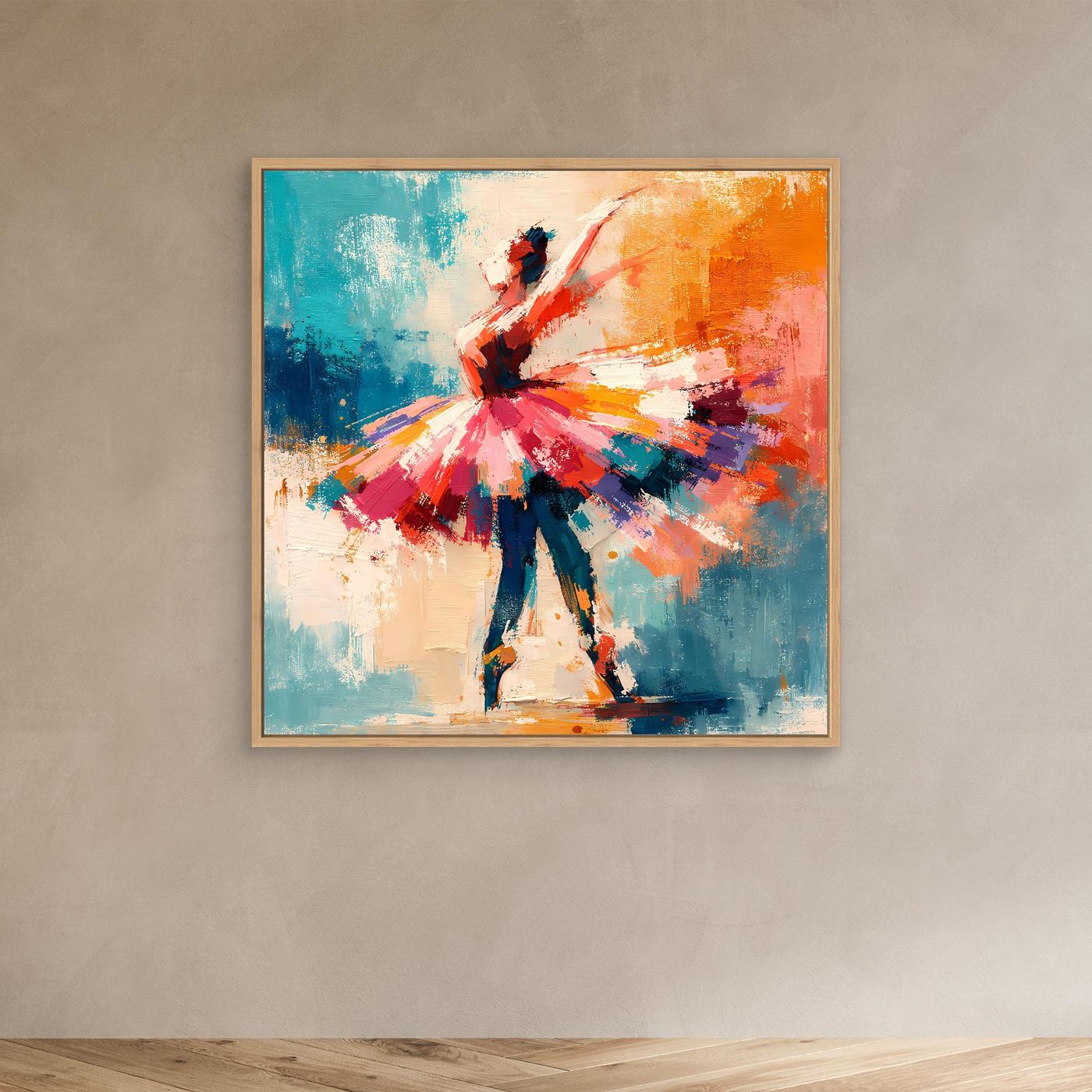 Abstract ballerina wall art in an oak wood frame, red tutu dancer with teal, blue, orange