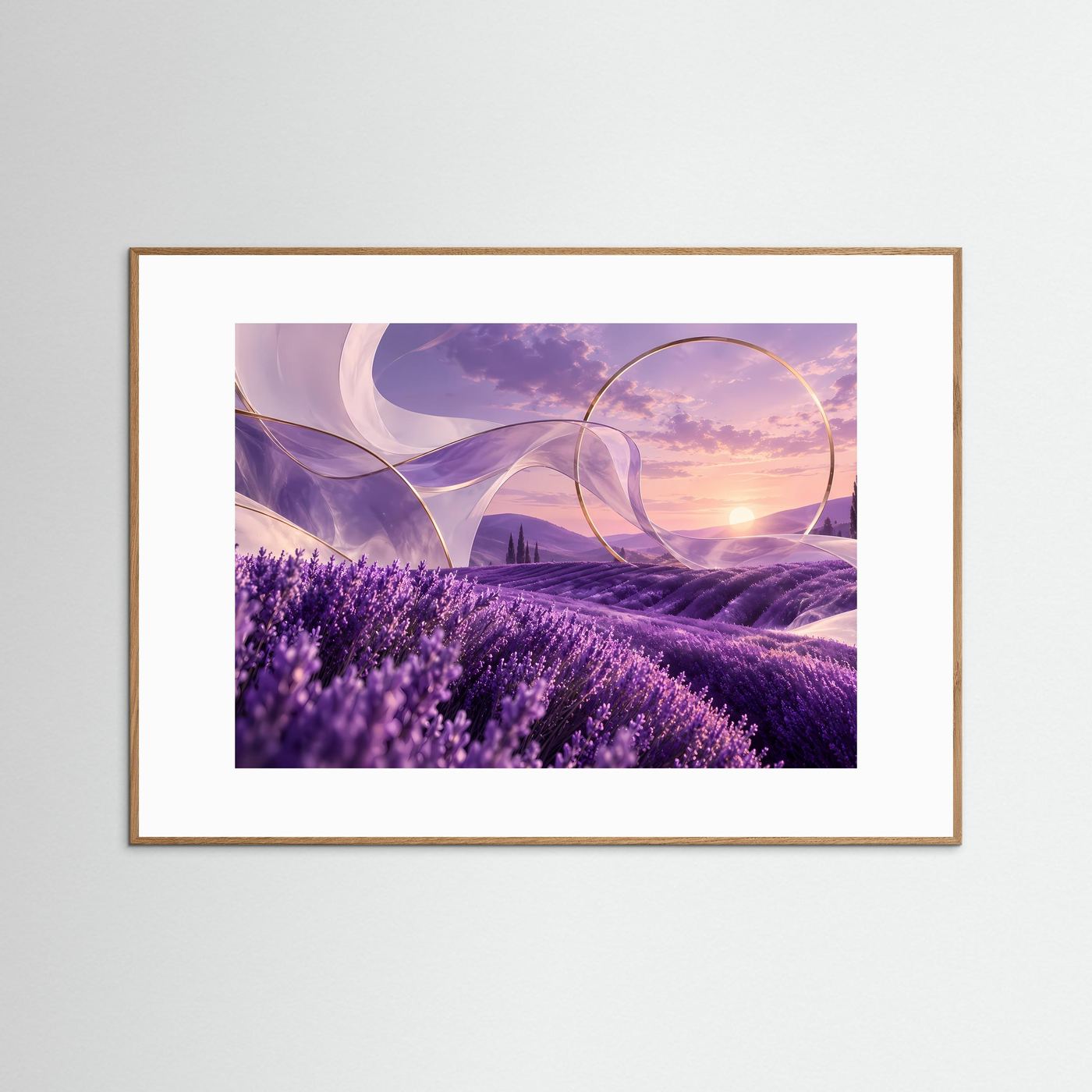 Lavendelfeld im Sonnenuntergang | Abstrakte Provence Wandkunst | Elegantes Landschaftsbild in Violett & Gold | Modernes Premium Poster | Leinwand