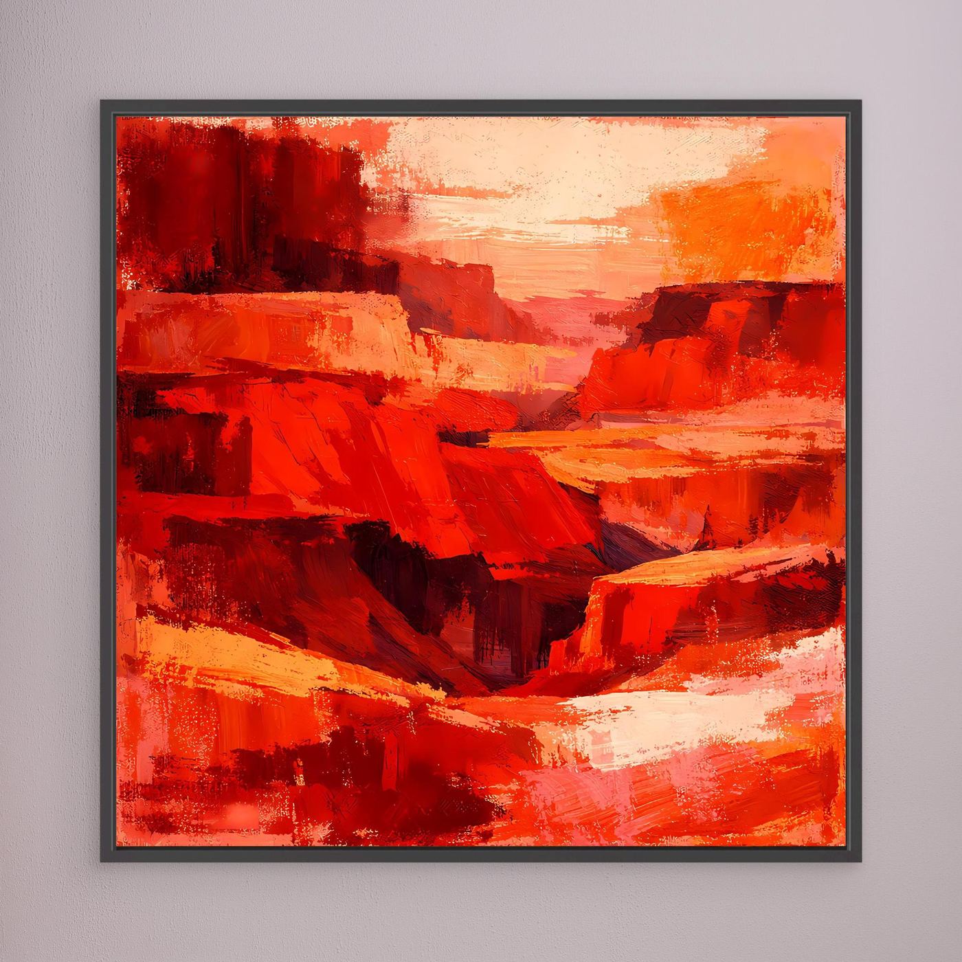 Abstraktes Wandbild Canyon-Motiv in Rot mit dunklem Rahmen