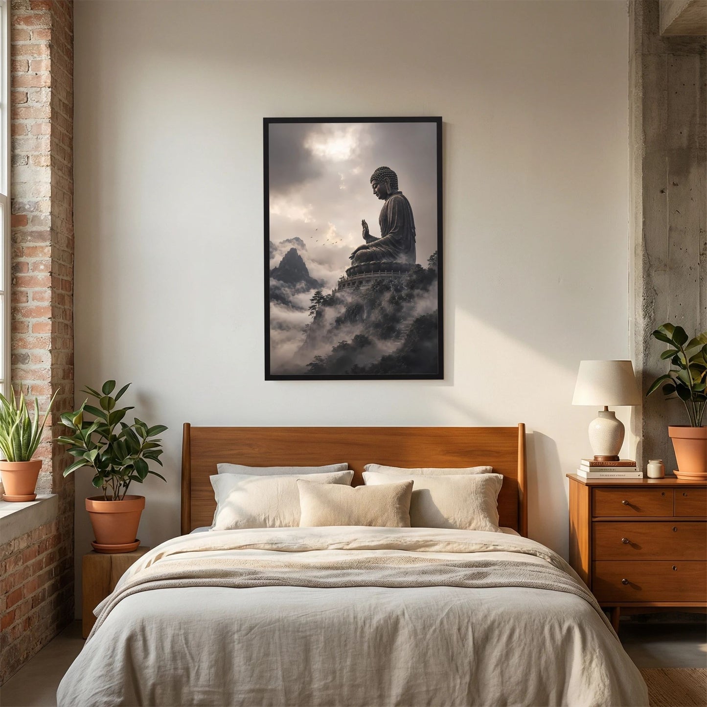 Poster (Hochformat) mit sitzender Buddha-Statue, schwarzer Rahmen