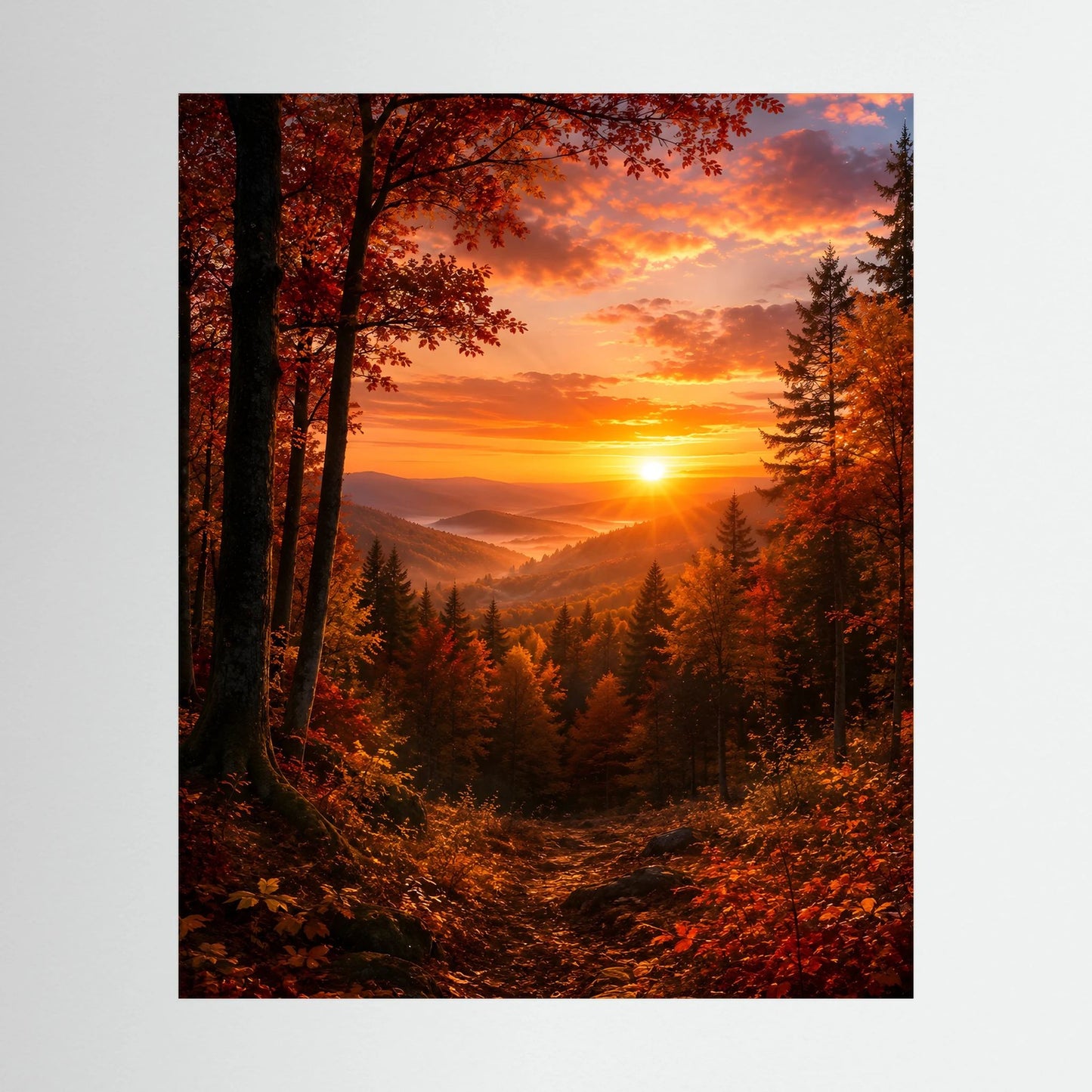 Hochformatiges Kunstposter mit Herbstwald bei Sonnenuntergang, orangefarben, schwarzer Rahmen