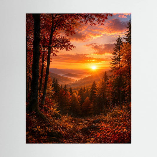 Hochformatiges Kunstposter mit Herbstwald bei Sonnenuntergang, orangefarben, schwarzer Rahmen