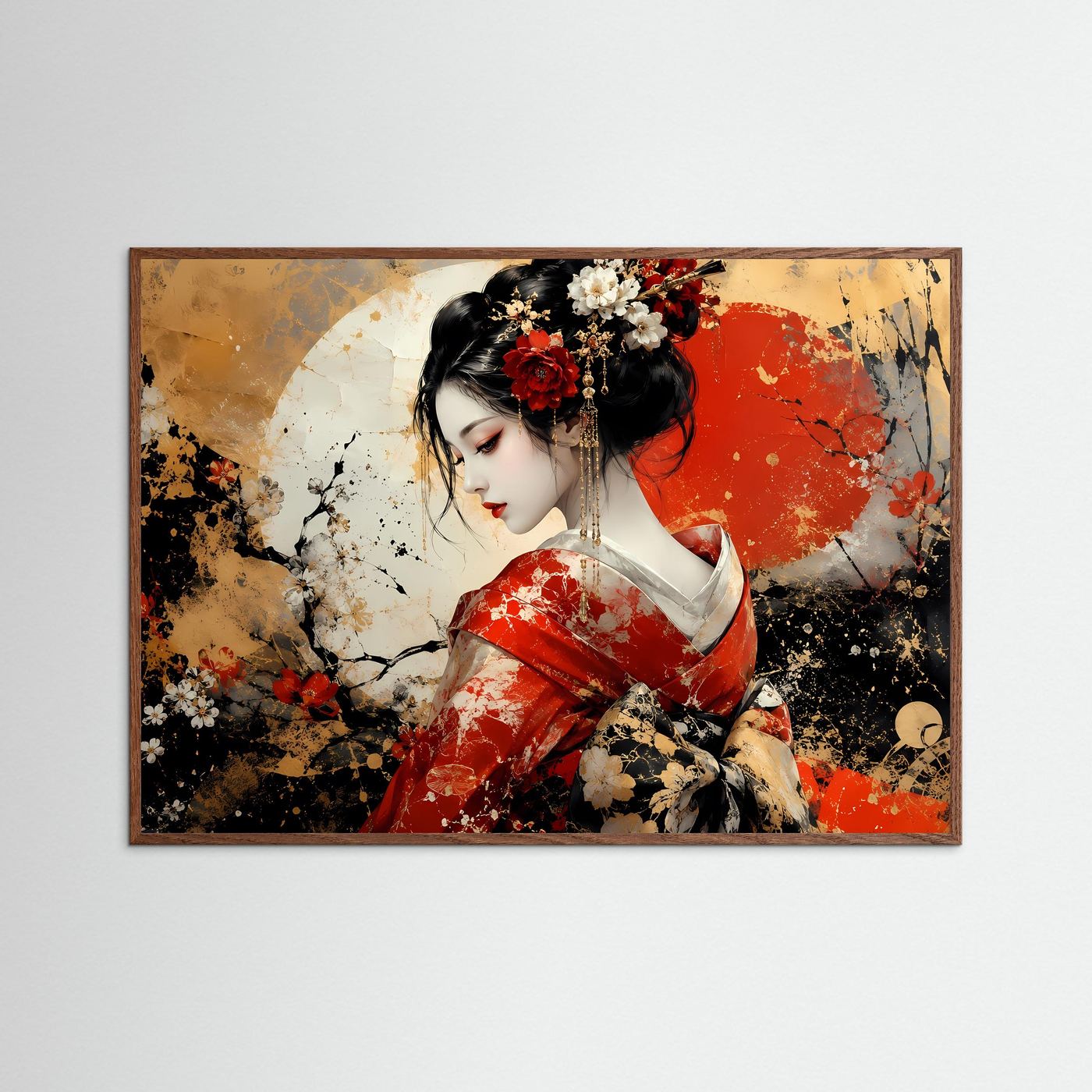 Geisha Poster Rot Gold | Japanische Wandkunst | Abstraktes Geisha Bild | Asiatische Fine Art | Luxuriöses Leinwandbild | Moderne Wanddekoration