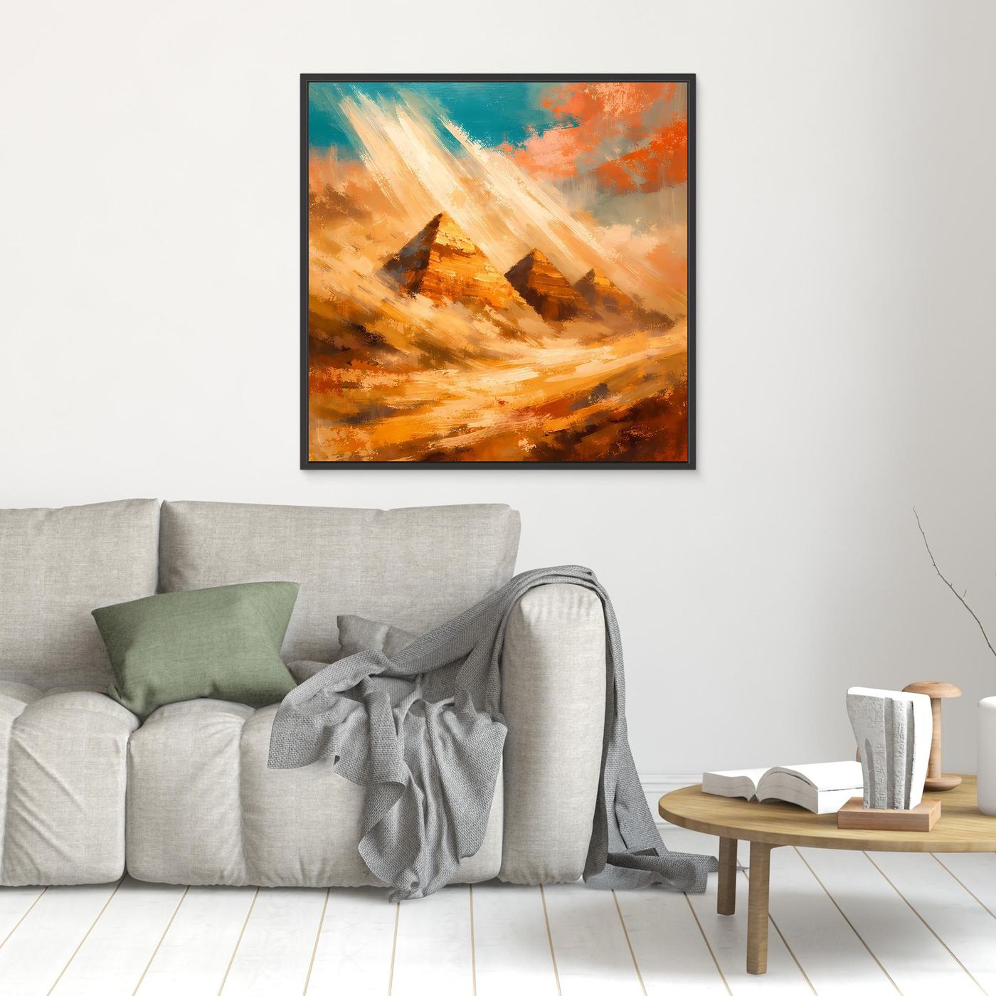 Kleines Leinwand-Wandbild mit abstrakten Pyramiden in Orange und Blau, schwarzer Rahmen
