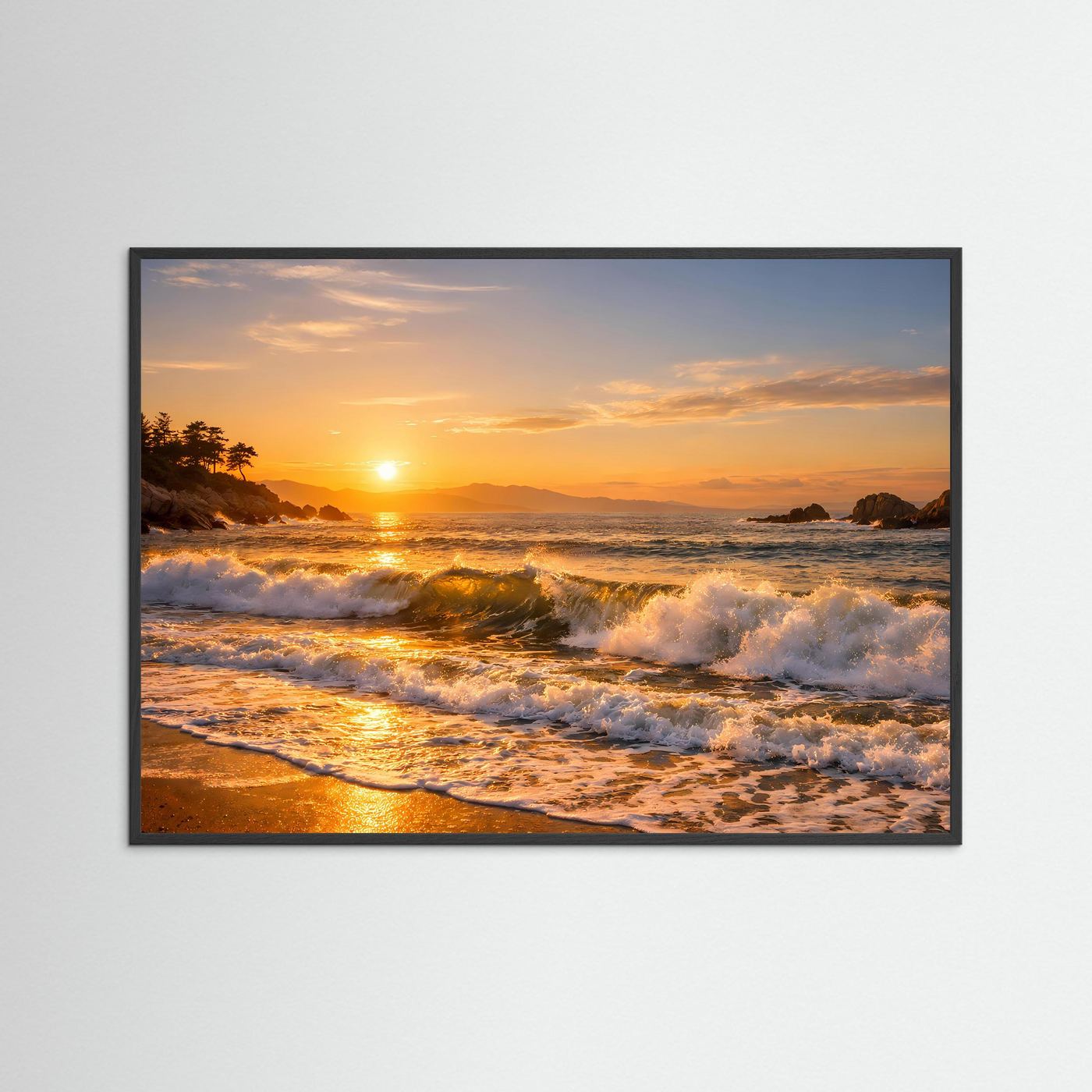 Goldener Sonnenuntergang an der Küste | Panorama Wellen & Strand Poster Querformat