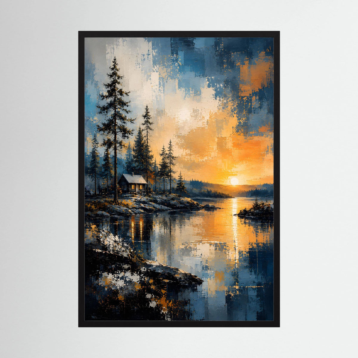 Naturposter mit abstrakter Waldlandschaft, Hütte am Wasser und Sonnenuntergang, schwarz gerahmt
