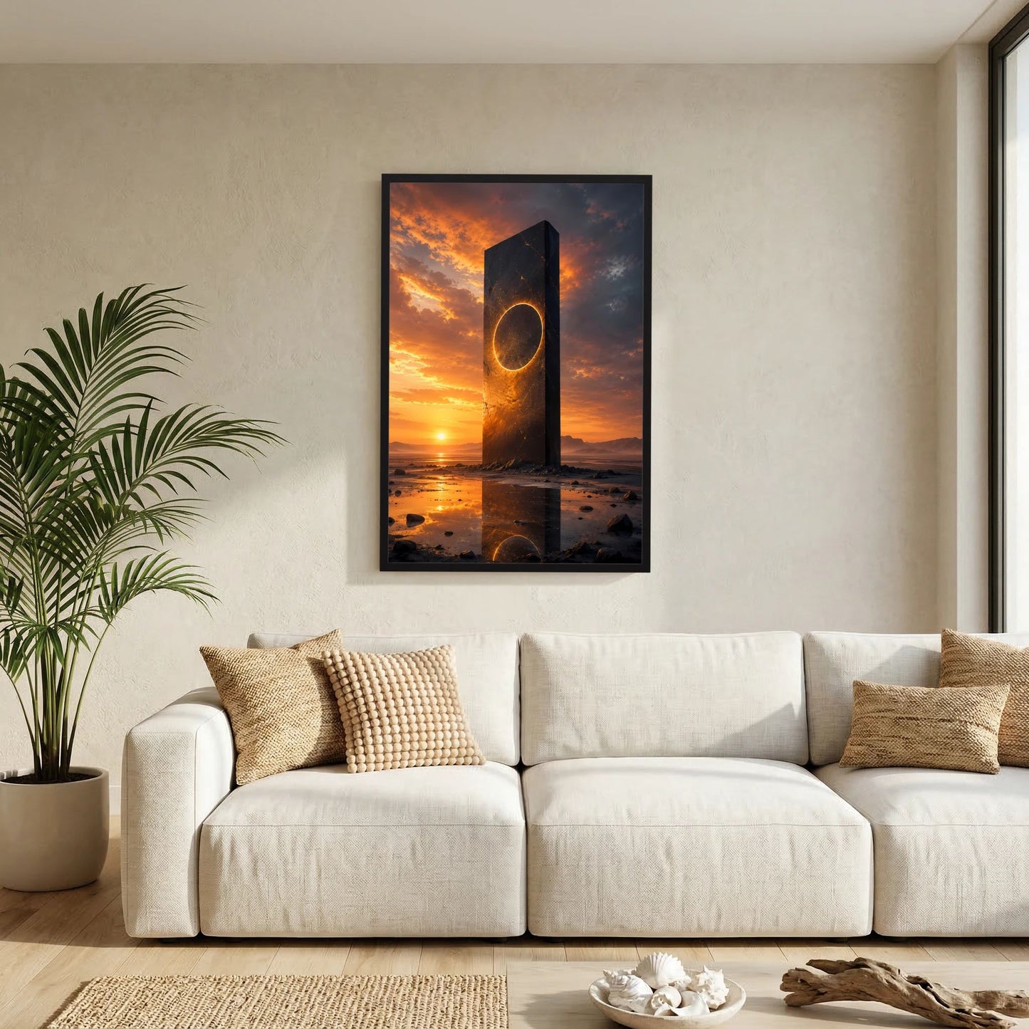 Hochformat-Poster mit schwarzem Rahmen, Monolith und goldenem Portal am Sonnenuntergang.