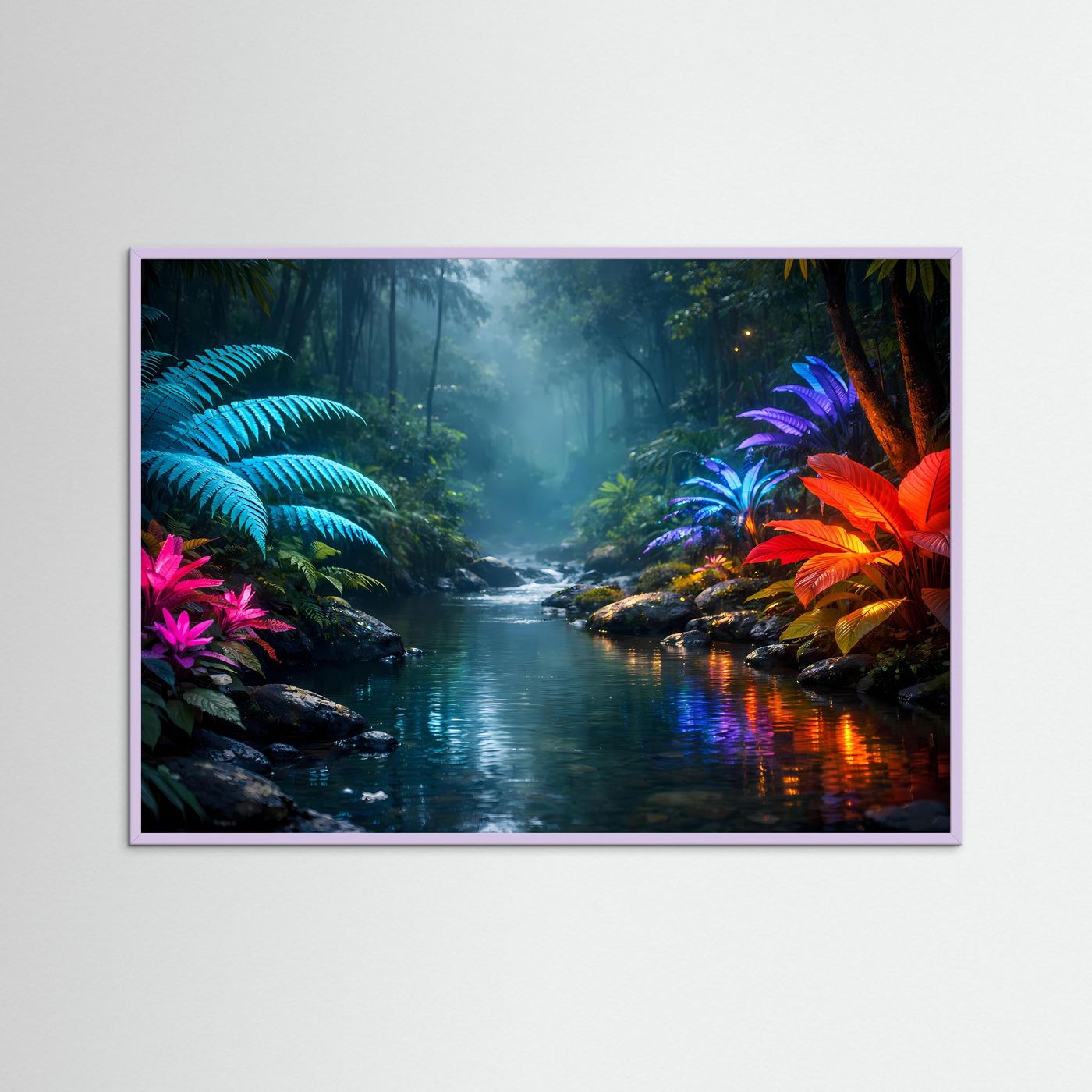 Querformat-Poster mit buntem Fluss und farbigen Blättern, lila Rahmen