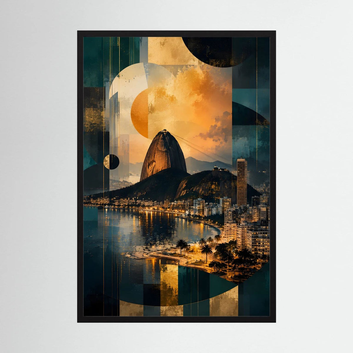 Hochformatiges Brasilien-Poster mit abstrakter Skyline, Zuckerhut, Mond und Farbverlauf in Petrol/Gold.