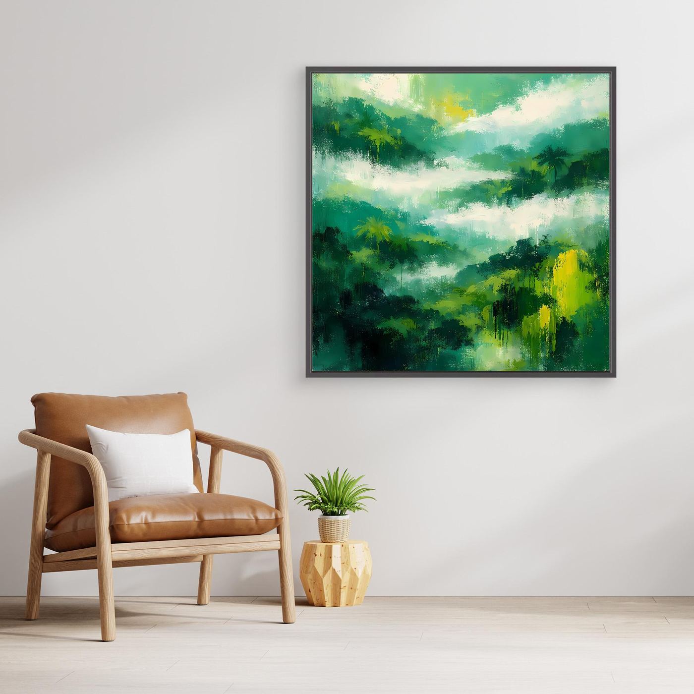Quadratisches Leinwand-Wandbild mit Regenwald-Nebel, schwarz eingefasst