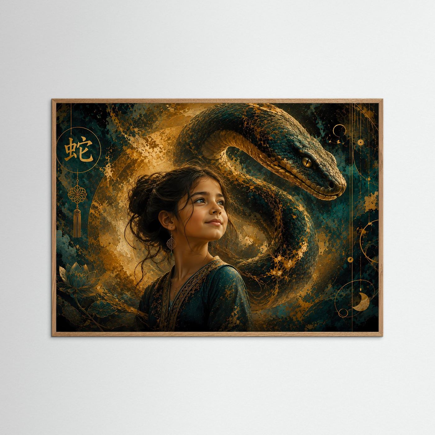 Gerahmtes Fantasy-Poster mit hellbraunem Rahmen: Frau und Schlange im Fantasy-Stil.