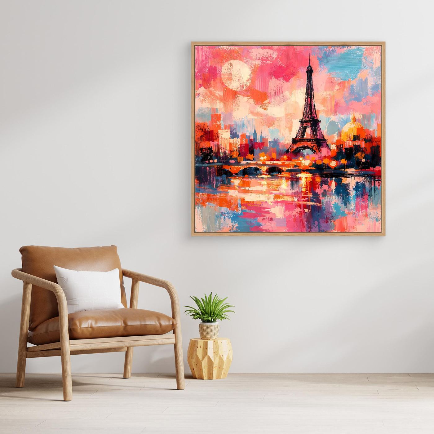 Gerahmtes Leinwand-Wandbild mit Eiffelturm: abstraktes Stadt- und Wasserpanorama