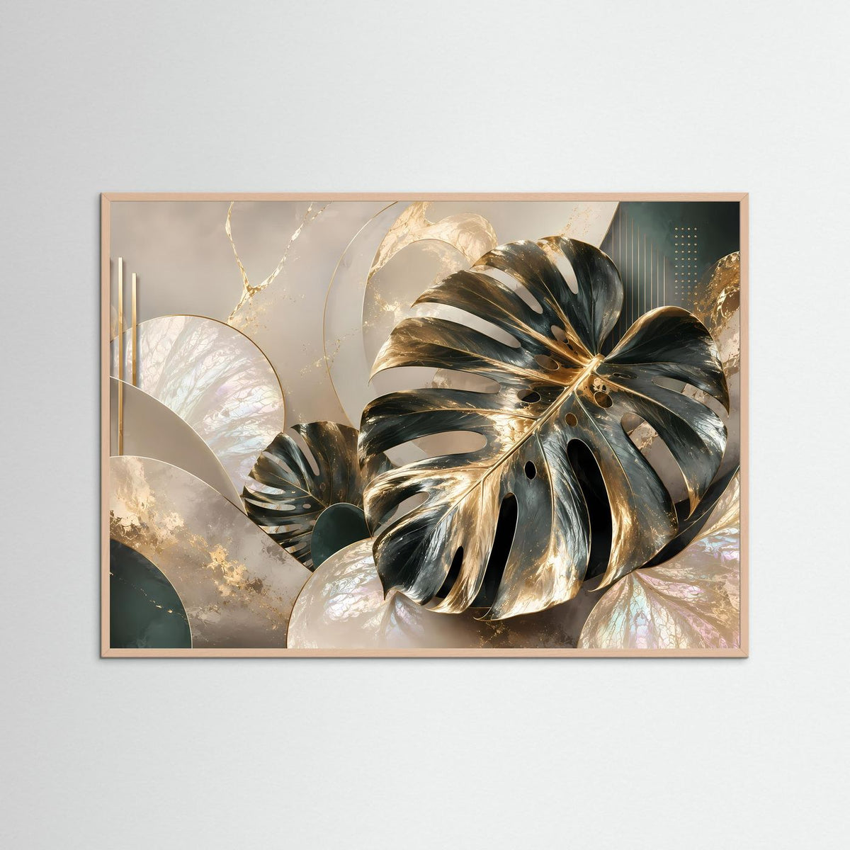 Querformat-Poster mit goldenen Monstera-Blättern, im roséfarbenen Holzrahmen