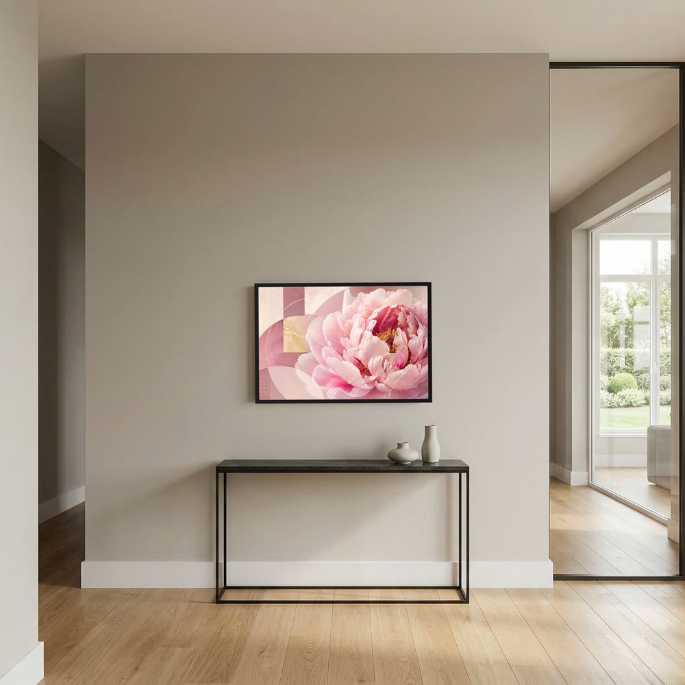 Wandposter im Querformat mit pastellrosa Pfingstrose, schwarzer Rahmen
