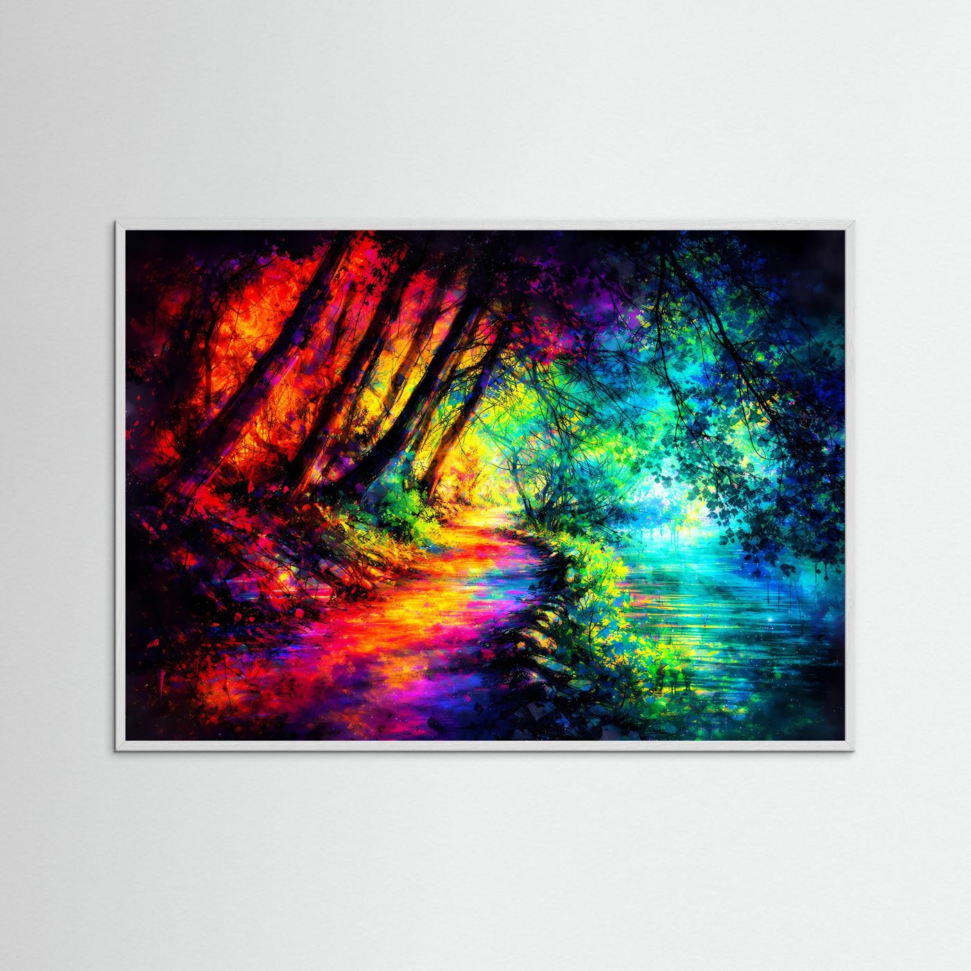 Neon-Waldpfad Poster im Querformat mit abstraktem Regenbogenwald im weißen Holzrahmen