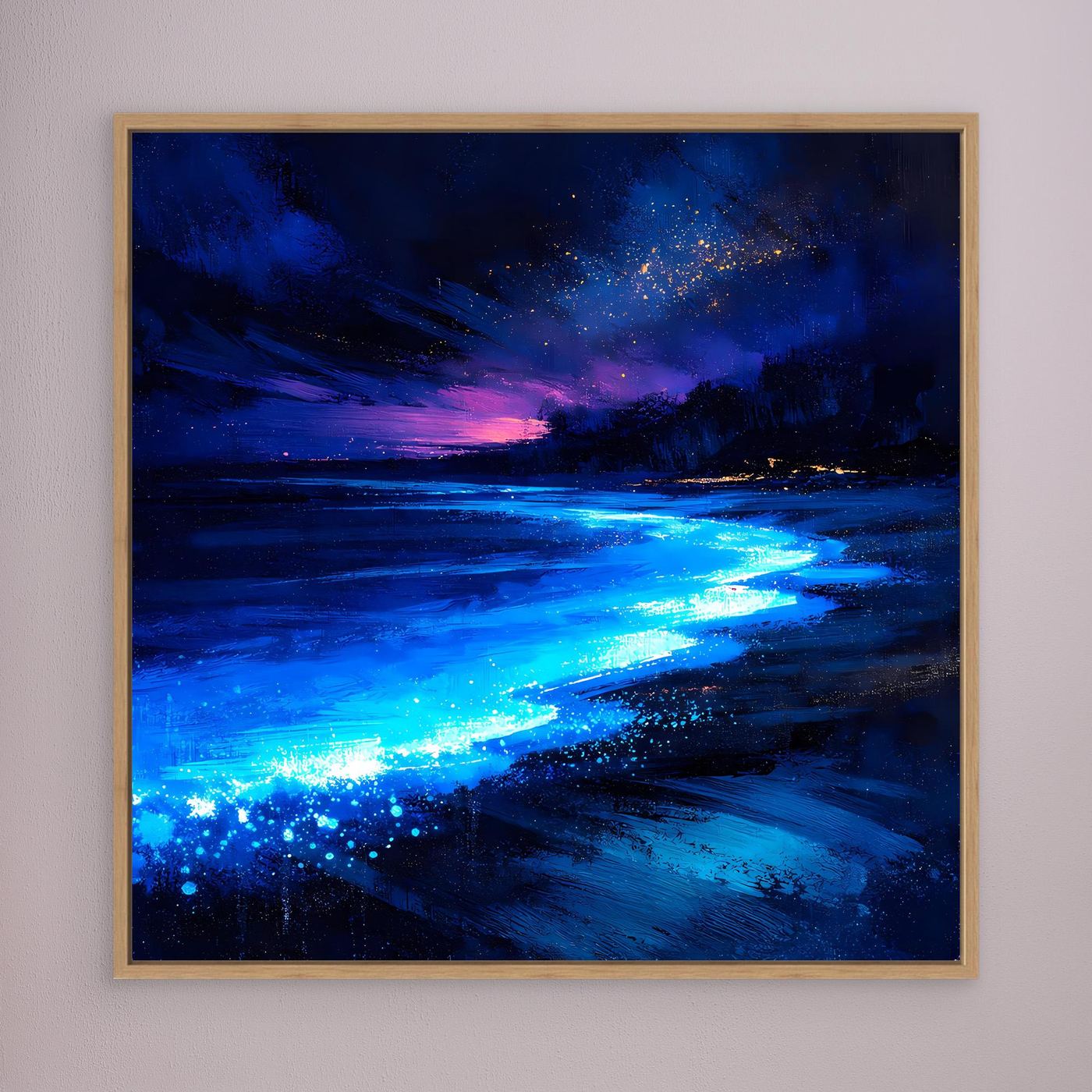Leinwand Biolumineszierender Strand bei Nacht | Magische Wandkunst auf echter Leinwand