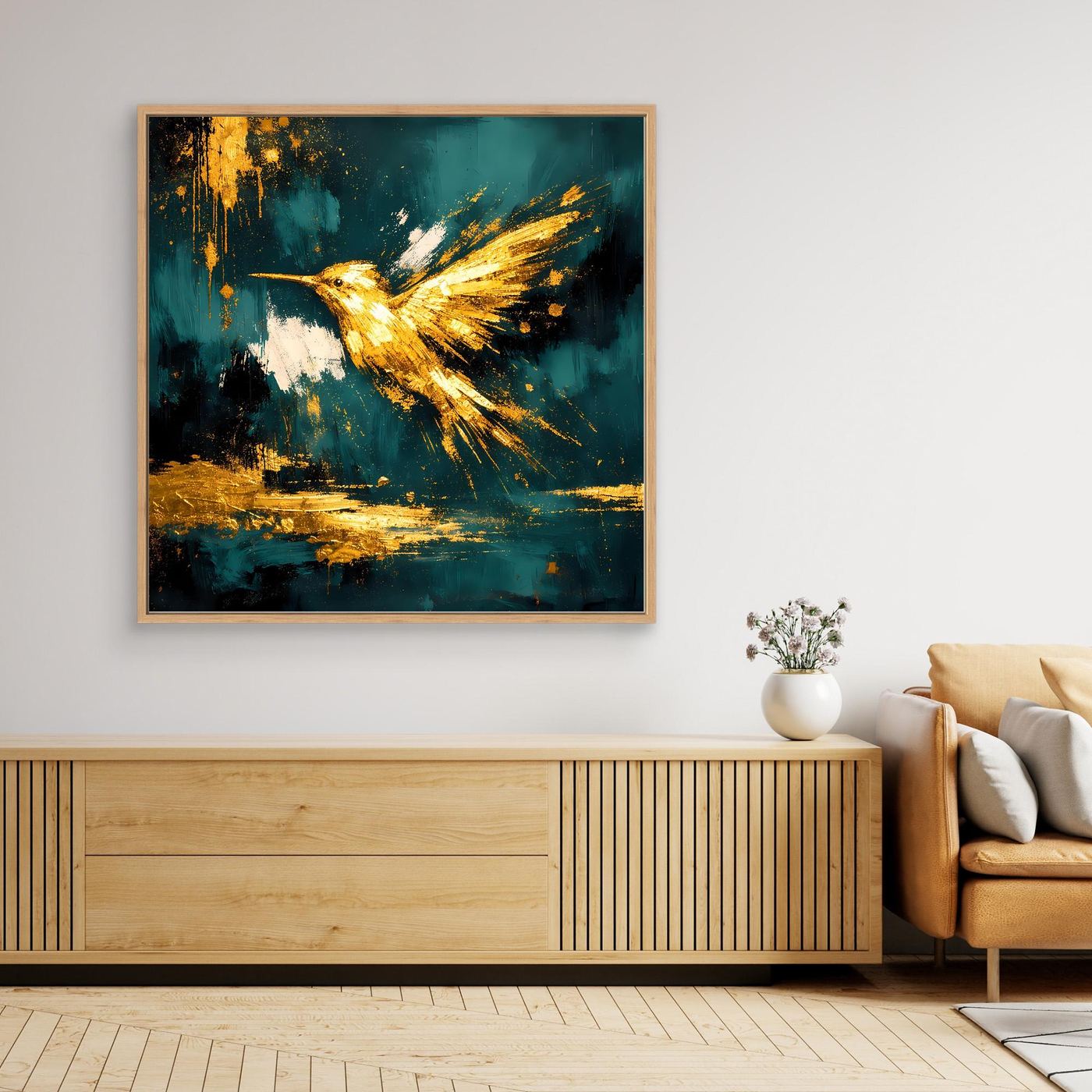 Leinwand Goldener Kolibri im Flug | Abstraktes Modernes Vogel Wandbild Kunst