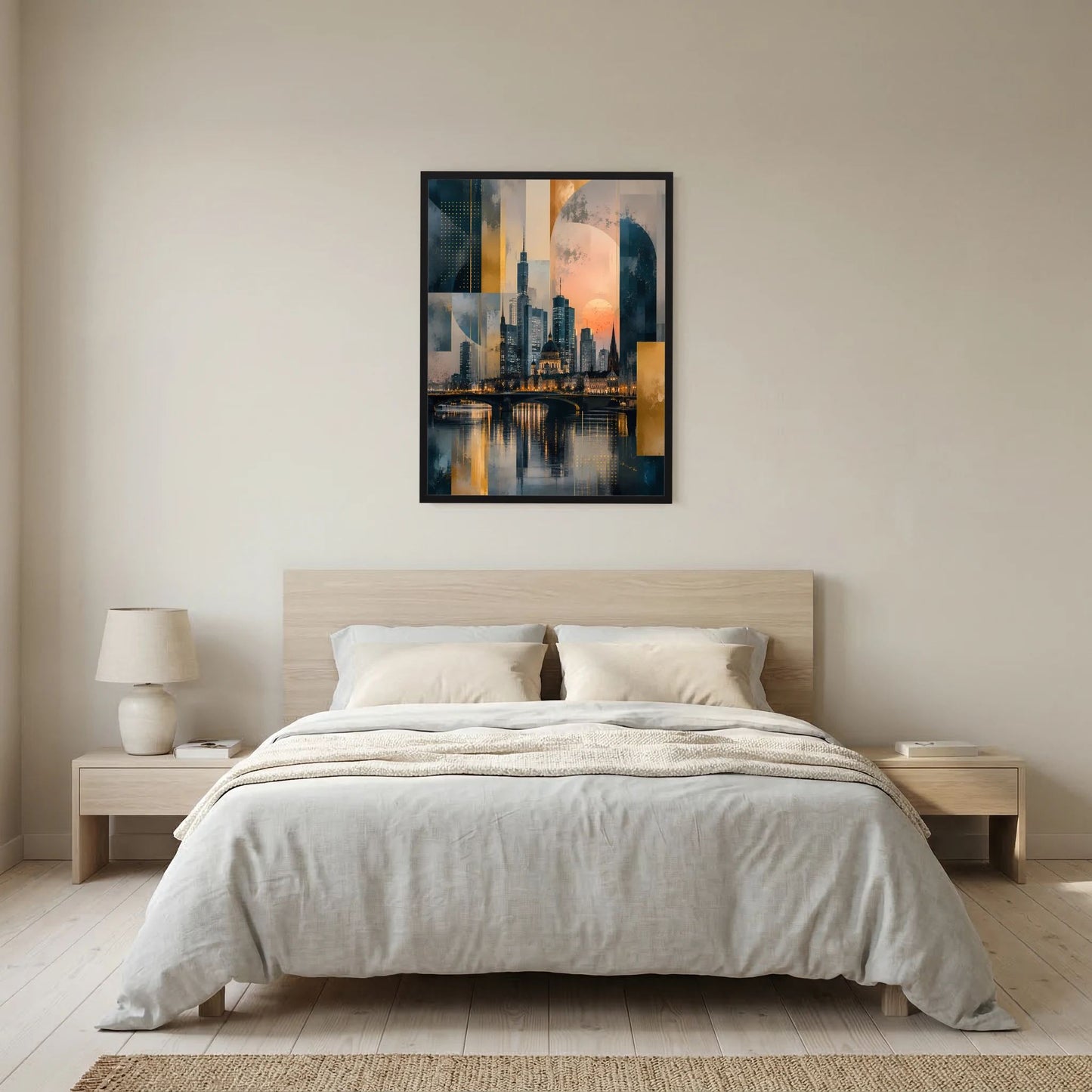 Poster im Hochformat: abstrakte Skyline am Fluss in Gold und Petrol, schwarzer Rahmen