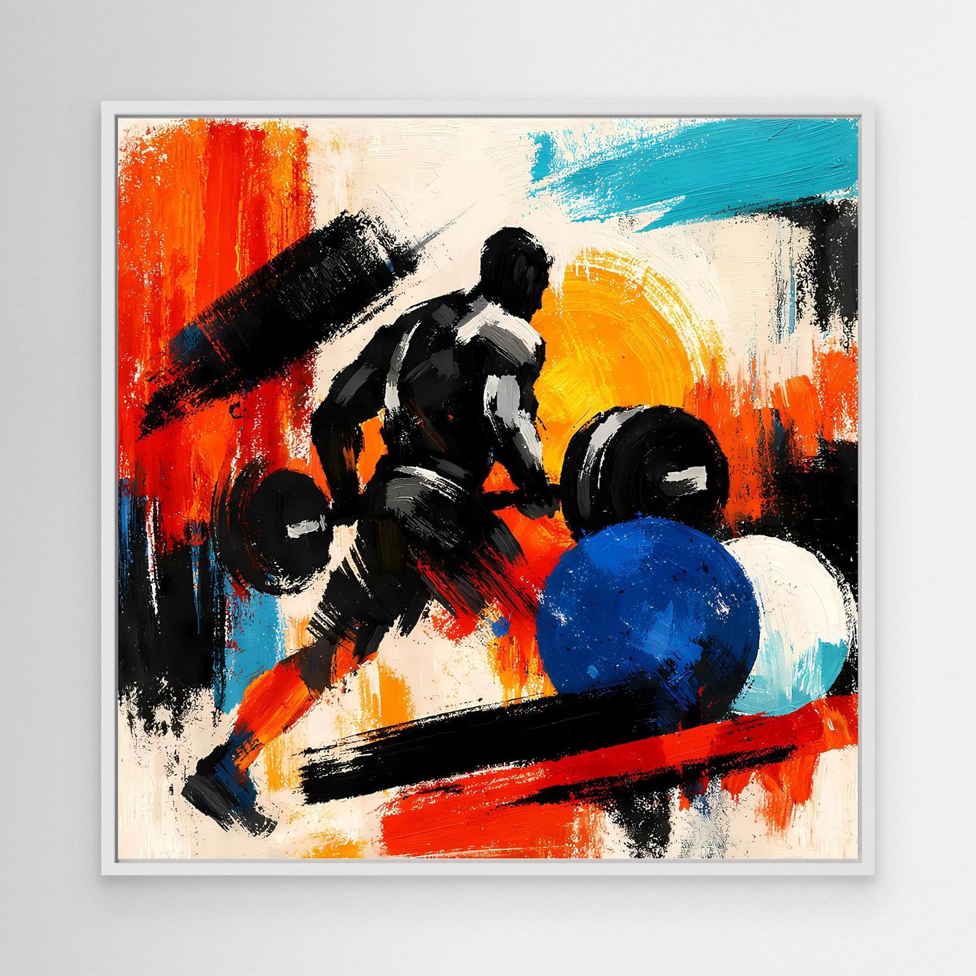 Abstract fitness canvas wall art with weightlifter lifting a barbell, white frame