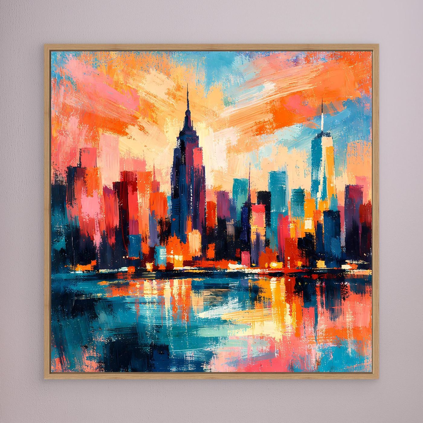 Abstraktes Leinwand-Wandbild mit hellem Holzrahmen: Skyline in Blau und Orange, Wasserreflexe