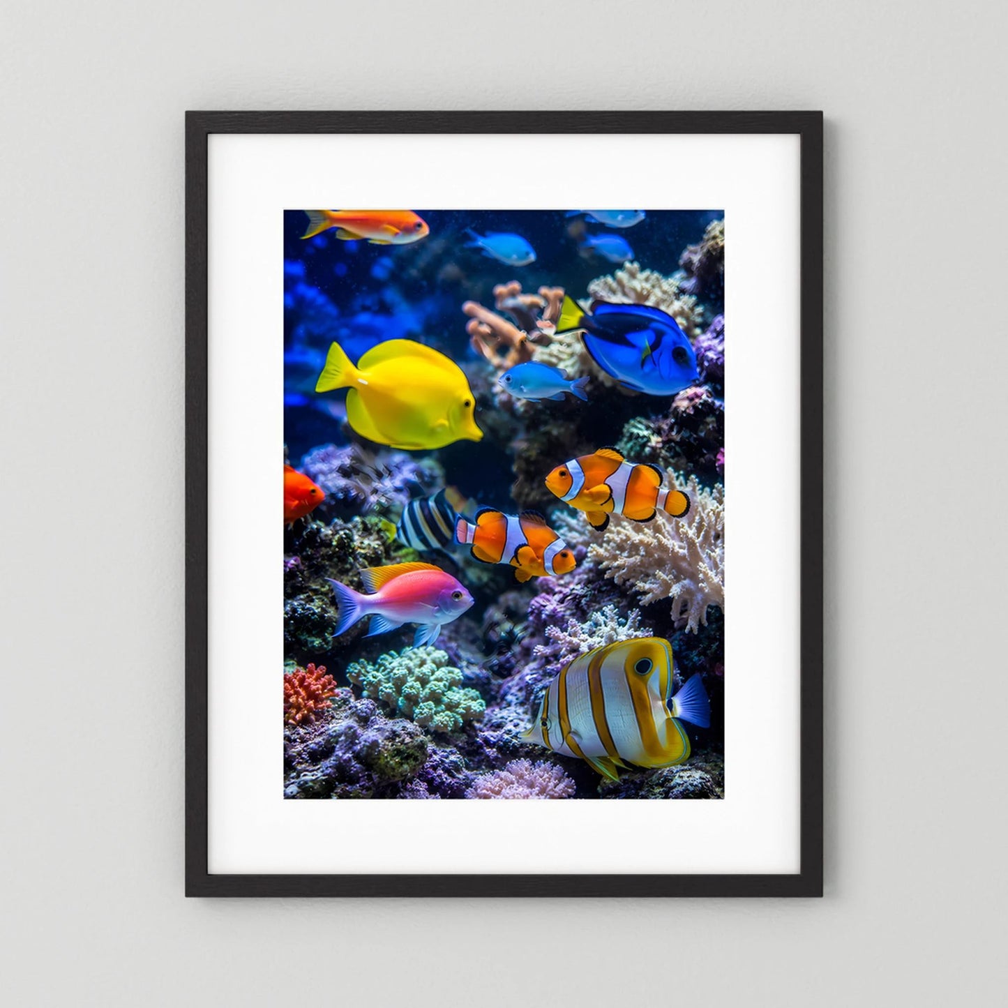 Hochformat-Poster mit bunten Tropenfischen und Korallenriff im schwarzen Rahmen mit Passepartout