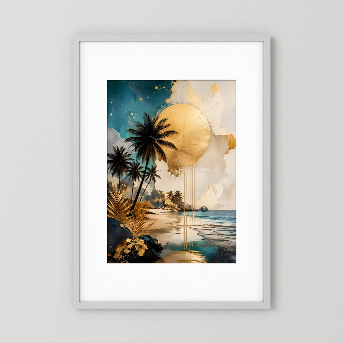 Gerahmtes Hochformat-Poster mit Palmen, goldener Sonne und tropischem Strandmotiv