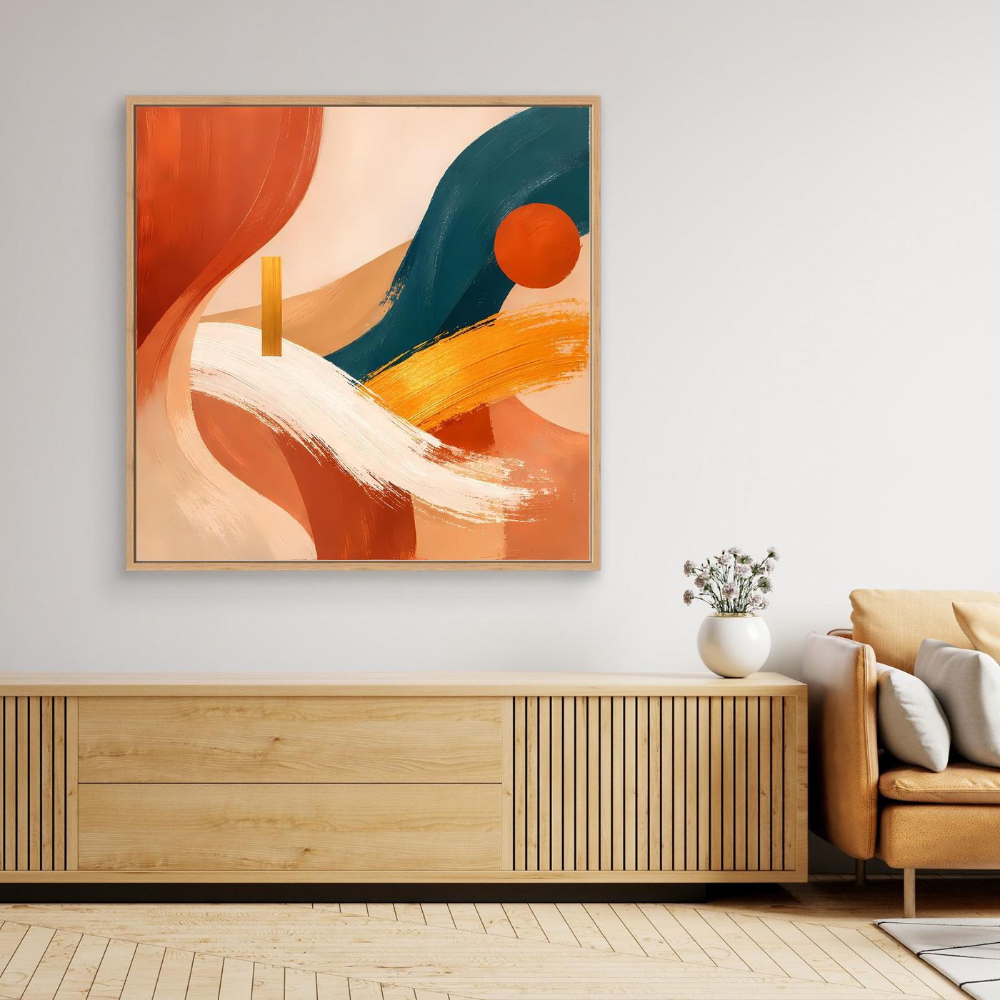 Abstraktes Boho-Leinwandbild mit Terracotta- und Petrolflächen, hell gerahmt