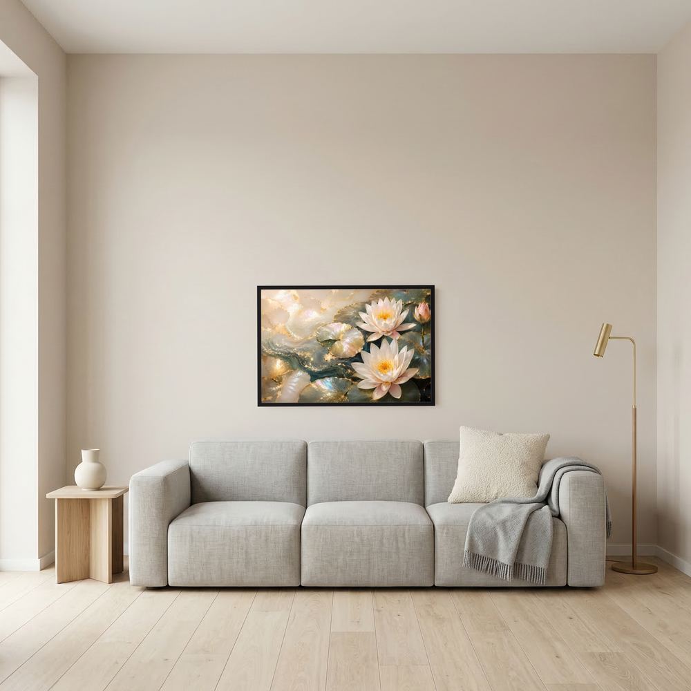 Kleines Wandbild im Querformat mit Seerosen in Creme und Gold, schwarzer Rahmen