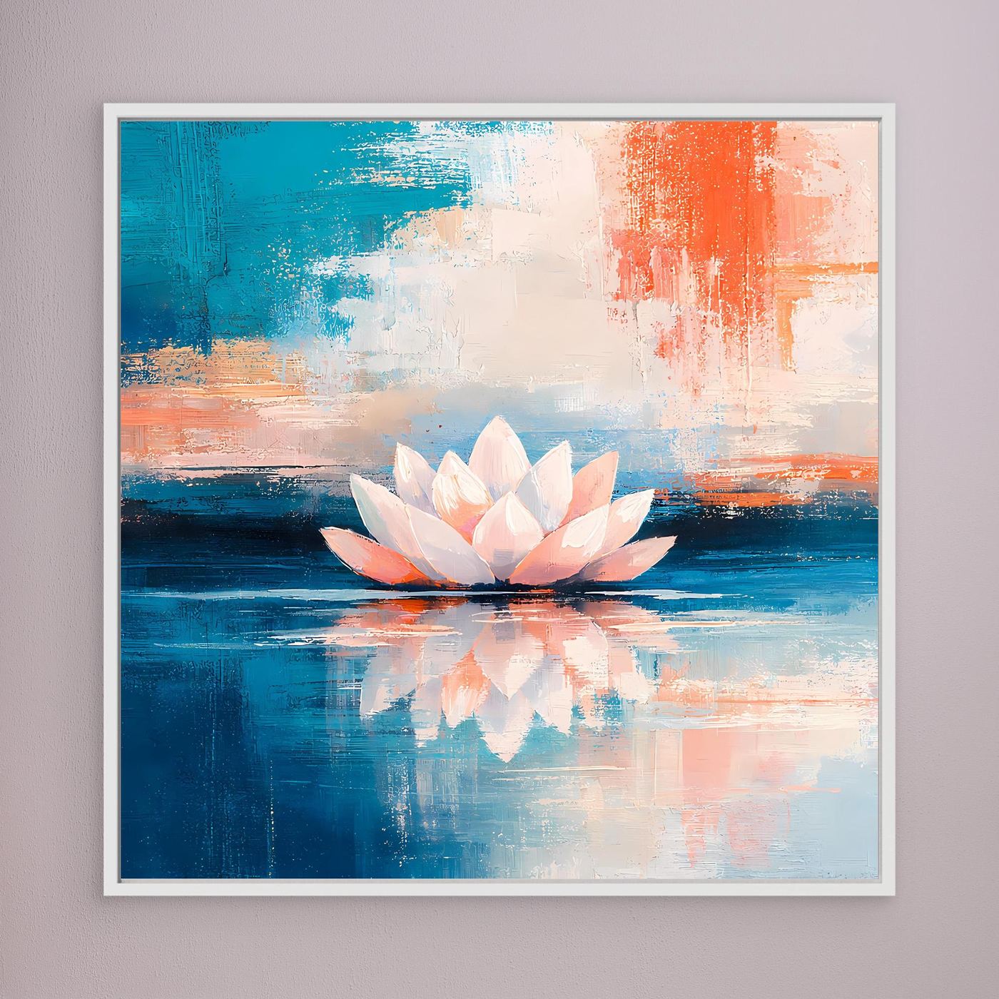 Leinwand Abstrakte Lotusblüte auf dem Wasser | Modernes Seerosen Wandbild Blau Orange