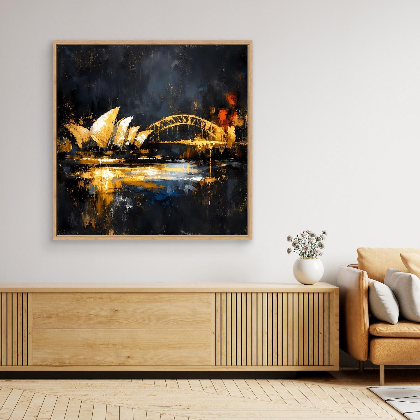 Leinwand Goldene Skyline von Sydney bei Nacht | Modernes Australien Wandbild