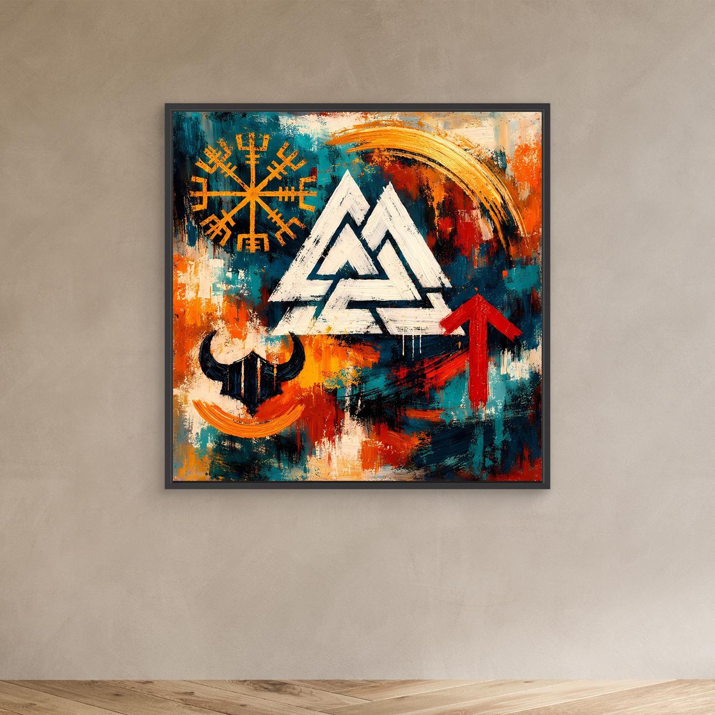 Leinwand-Wandbild mit schwarzem Rahmen und Wikinger-Symbolen: Runen, Helm, Valknut
