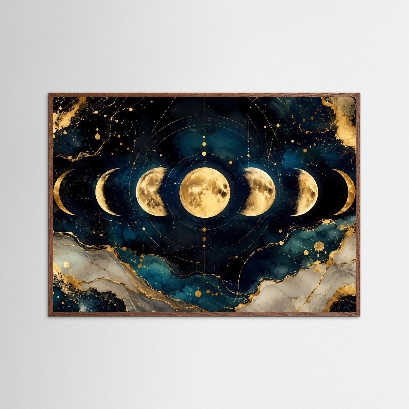 Mondphasen im Kosmos mit Gold | Spirituelles Universum & Astrologie Poster im Querformat