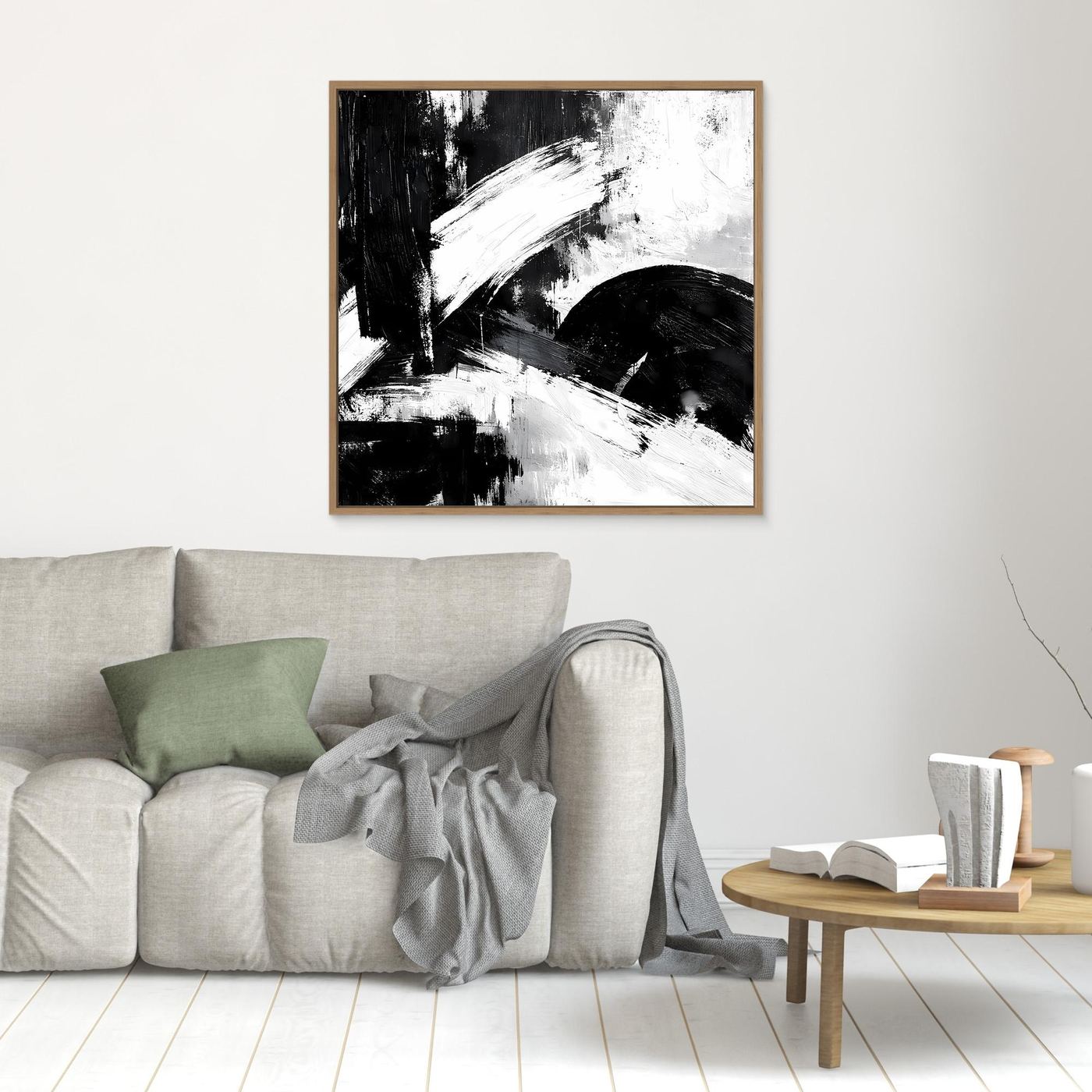 Schwarz-Weiß-Abstrakt-Wandbild mit Holzrahmen, weiße Striche und dunkle Fläche