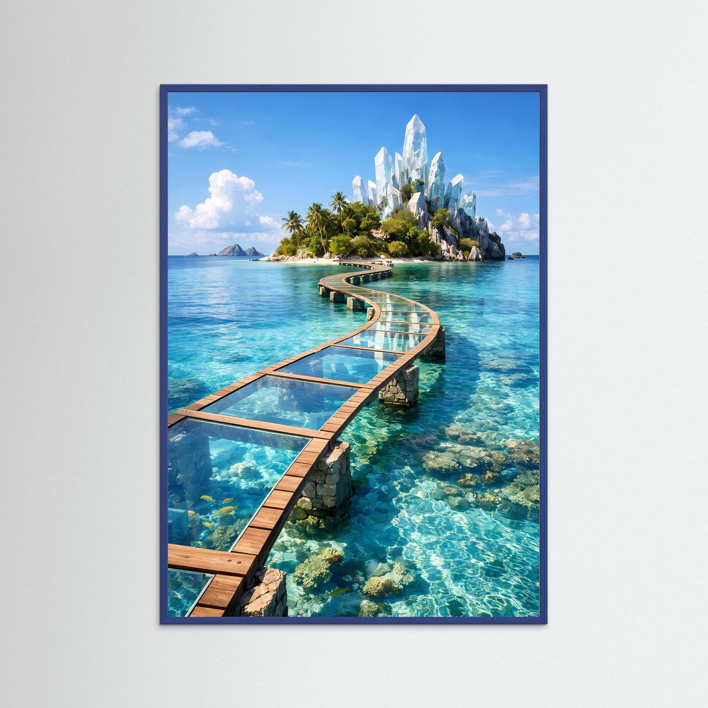 Türkisblaues Fantasy-Poster mit gläsernem Steg und kristallinen Türmen im dunklen Rahmen