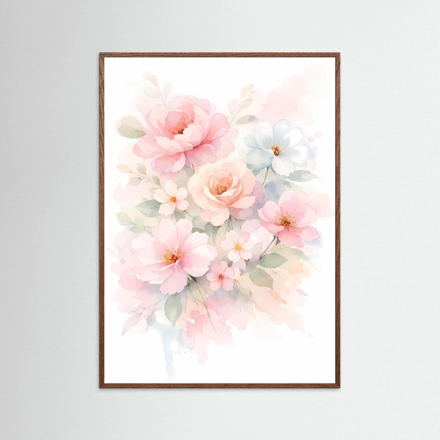 Wandbild mit Aquarell-Blumenbouquet in Pastelltönen, brauner Holzrahmen
