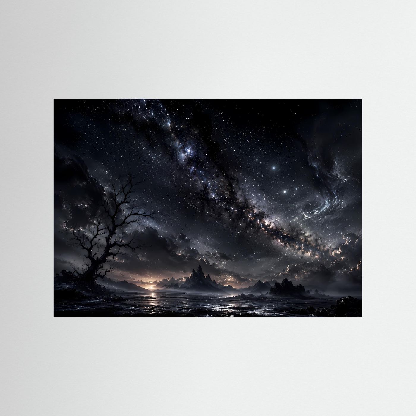 Milchstraße Poster Schwarz Weiß | Mystischer Sternenhimmel Landschaft | Kosmische Nacht Wandbild | Fantasy Himmel | Moderne Himmelskunst