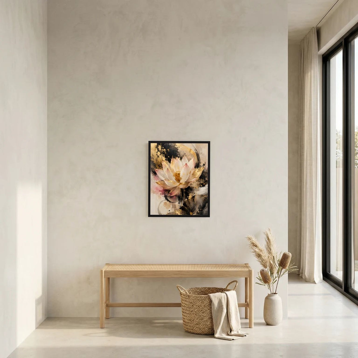 Lotusblumen-Poster mit schwarzem Rahmen: goldene Lotusblüte auf Creme, schwarze Striche