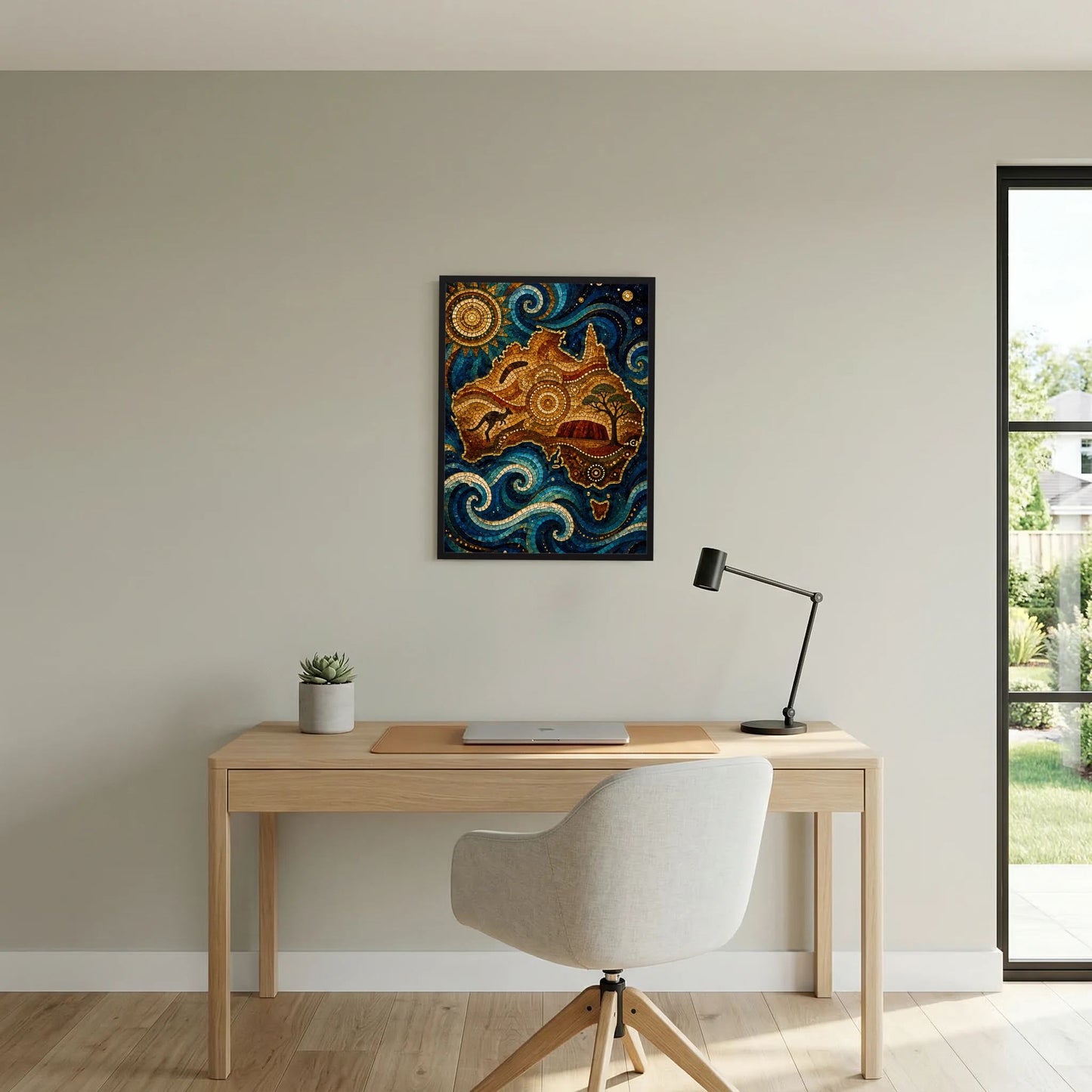Wandposter mit Känguru-Mosaik, runde Sonne und Wellenornamenten in Blau-Gold