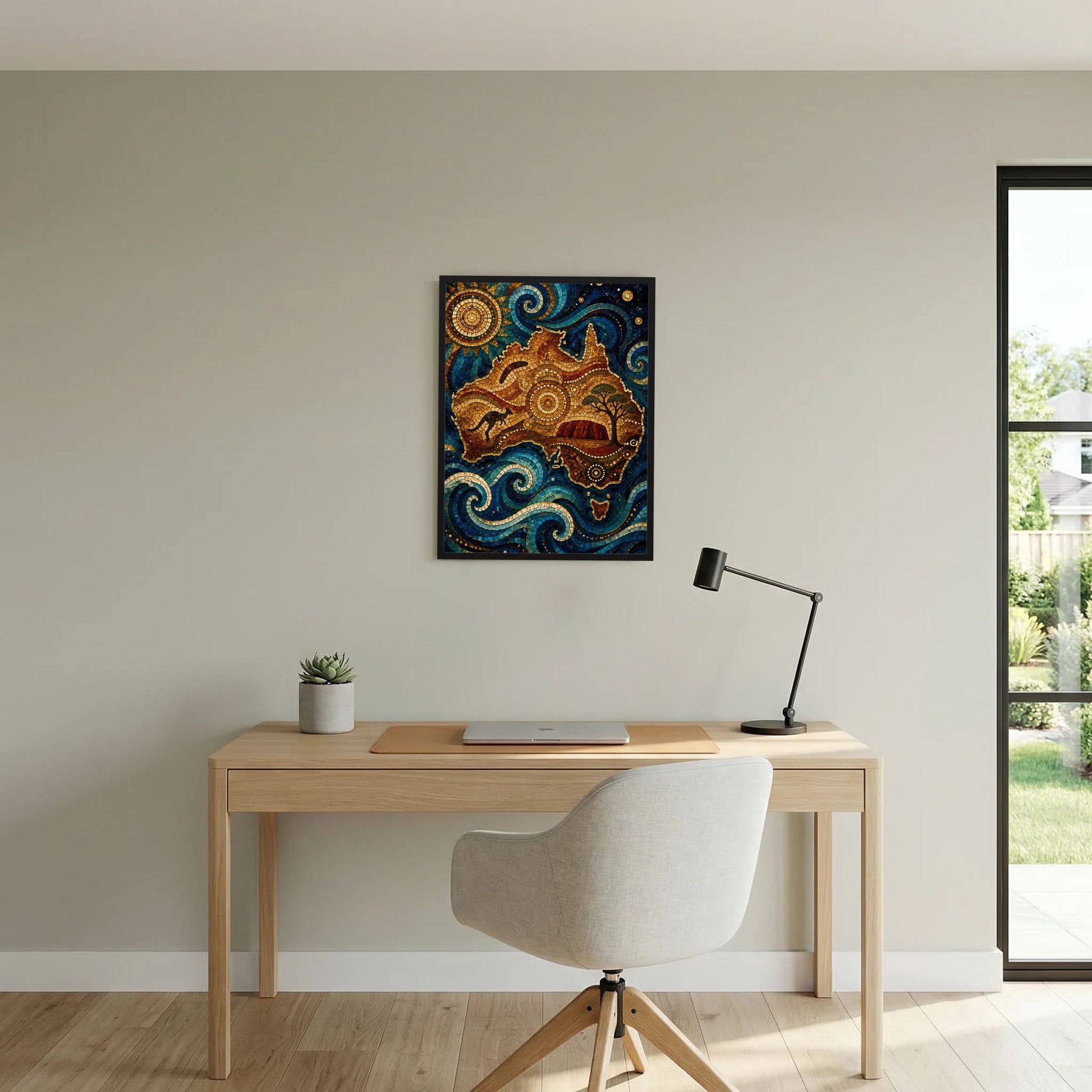Wandposter mit Känguru-Mosaik, runde Sonne und Wellenornamenten in Blau-Gold