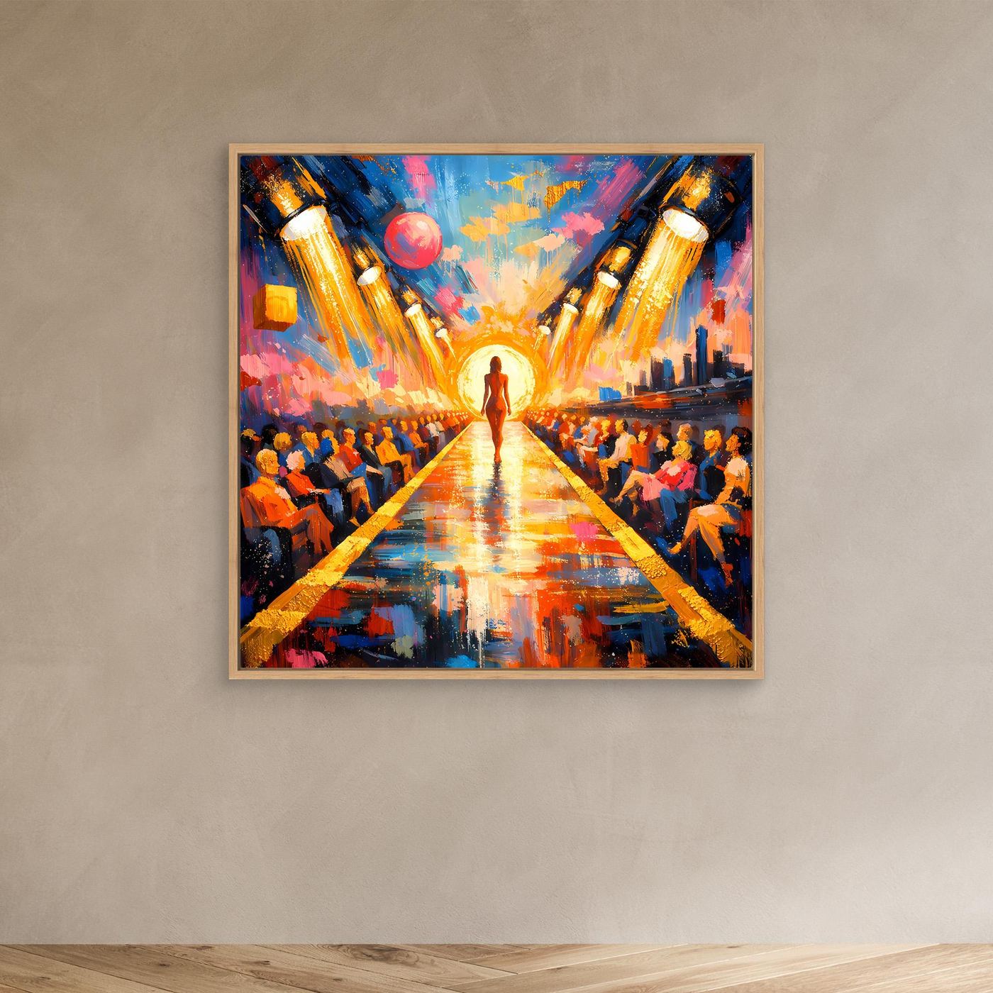 Leinwandbild mit abstraktem Pop-Art Laufsteg, zentrale Silhouette, bunte Farben, brauner Rahmen