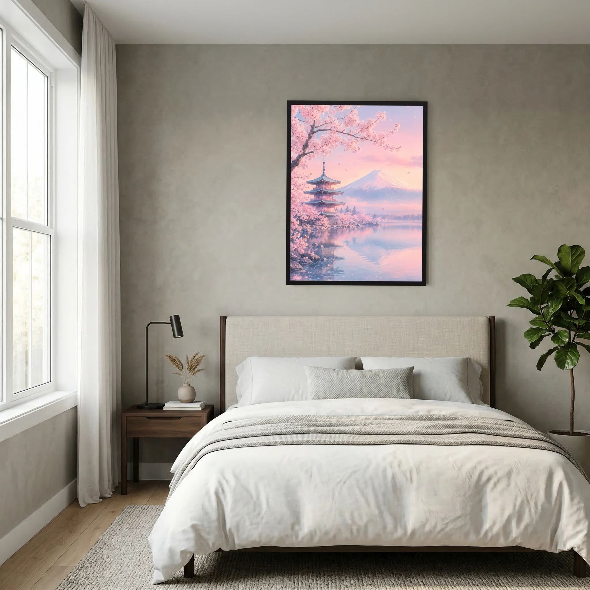 Hochformatiges Poster mit Kirschblütenzweig, Pagode und Fuji in sanftem Pastellrosa