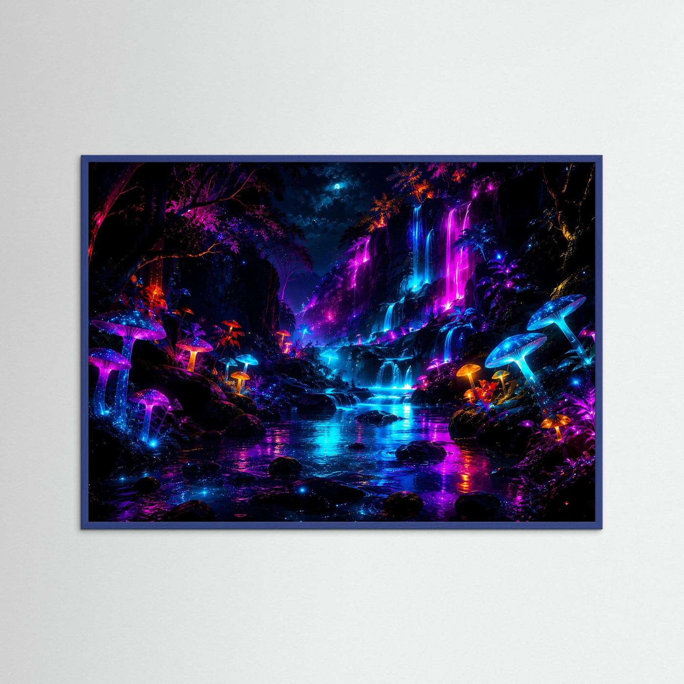 Wandkunst mit neonfarbenem Wasserfall und leuchtenden Pilzen, blauer Rahmen