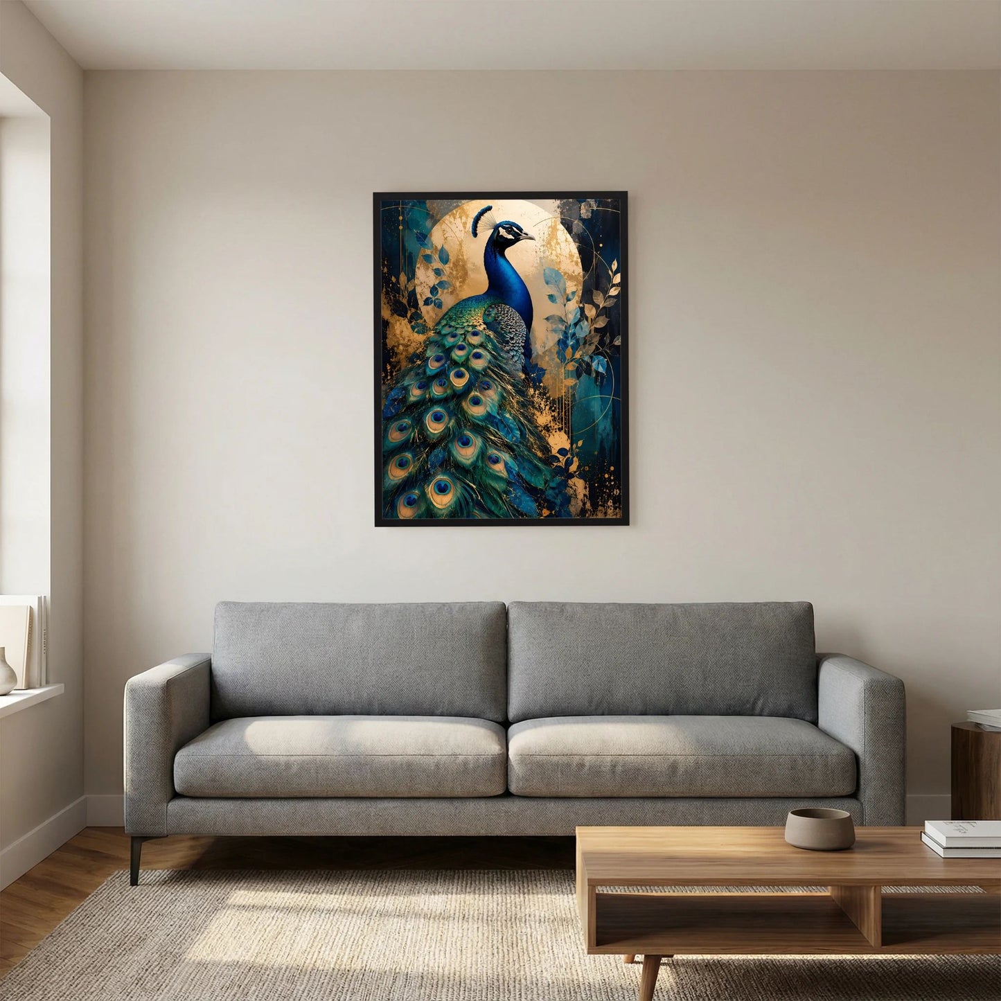 Pfau-Kunstposter in Blau und Gold mit schwarzer Einfassung