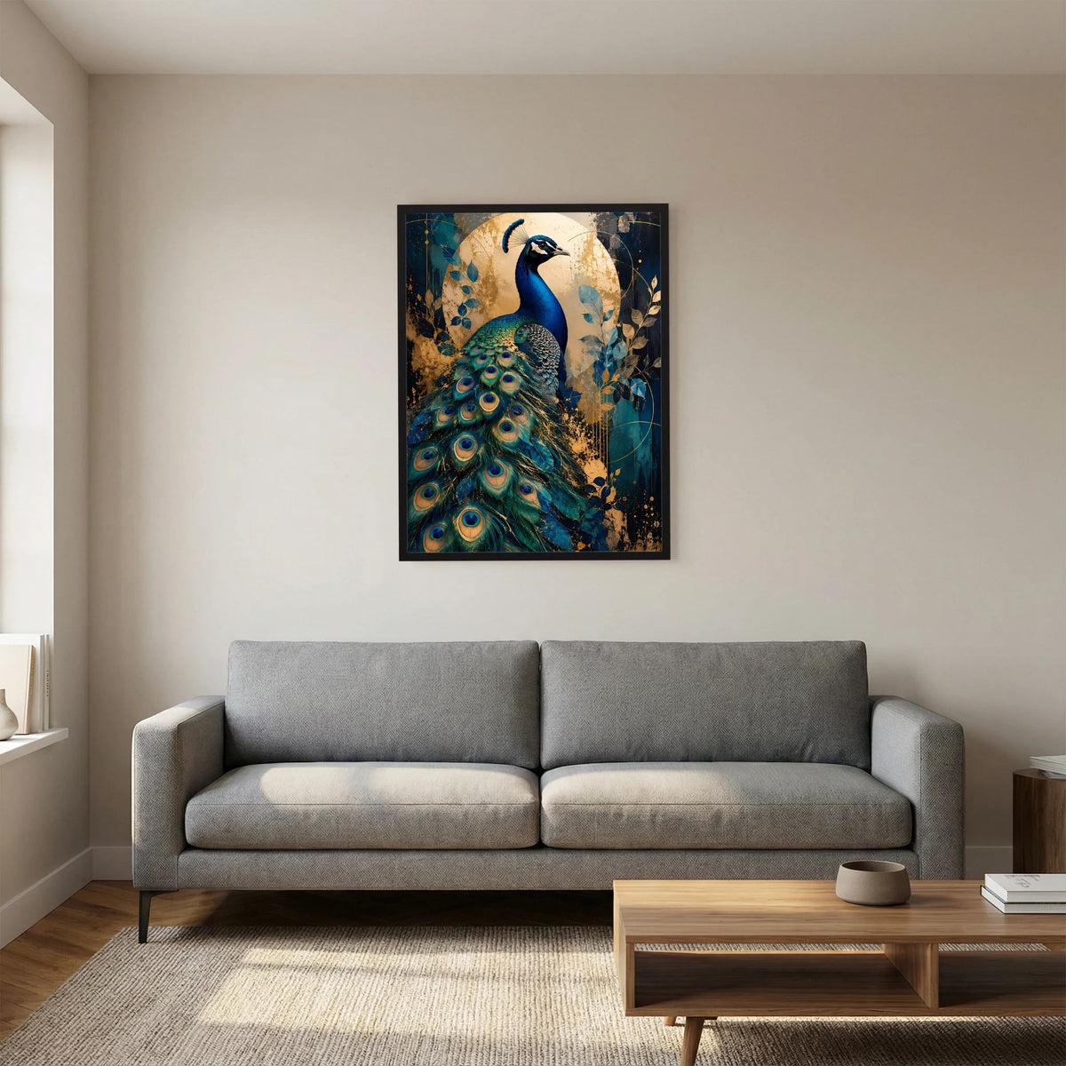 Pfau-Kunstposter in Blau und Gold mit schwarzer Einfassung