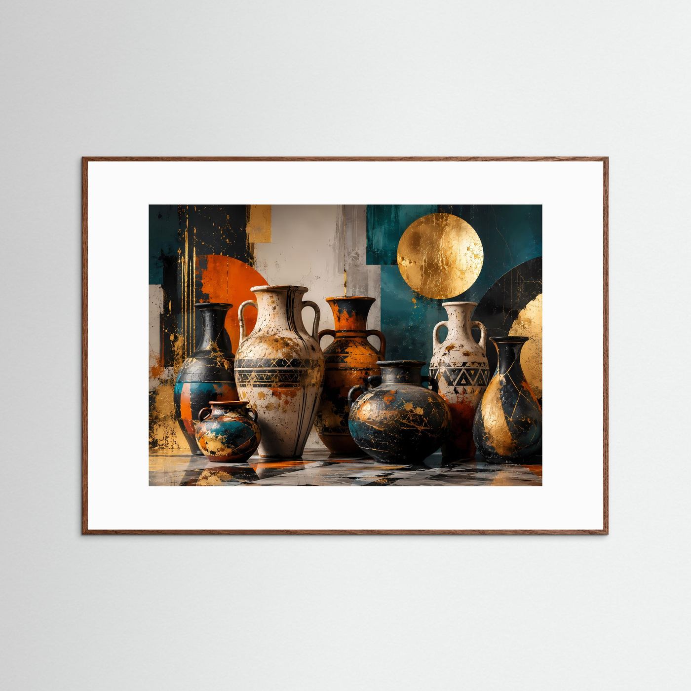 Antike Amphoren in Gold, Petrol & Terrakotta | Abstrakte mediterrane Vasen Kunst