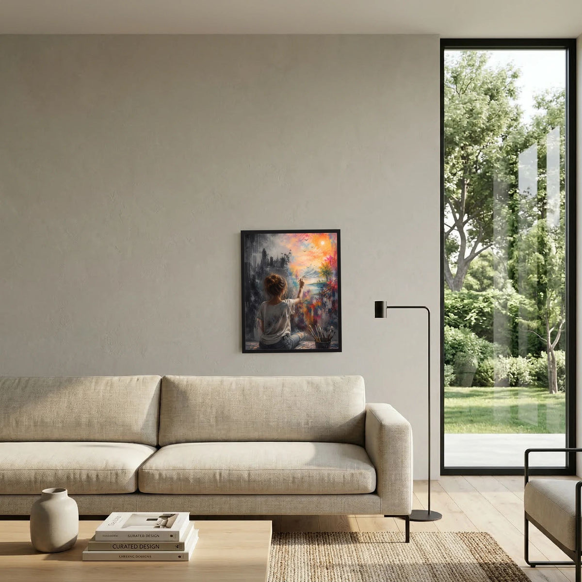 Hochformat-Poster im schwarzen Rahmen an Wand: Frau zwischen Stadt und Natur