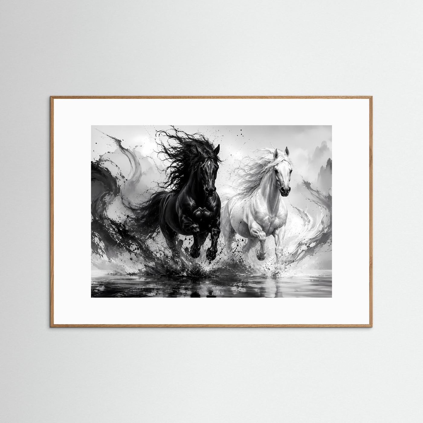 Schwarz Weiß Pferde Poster | Yin Yang Pferde Wandbild | Galoppierende Schwarze und Weiße Pferde | Moderne Abstrakte Pferdekunst