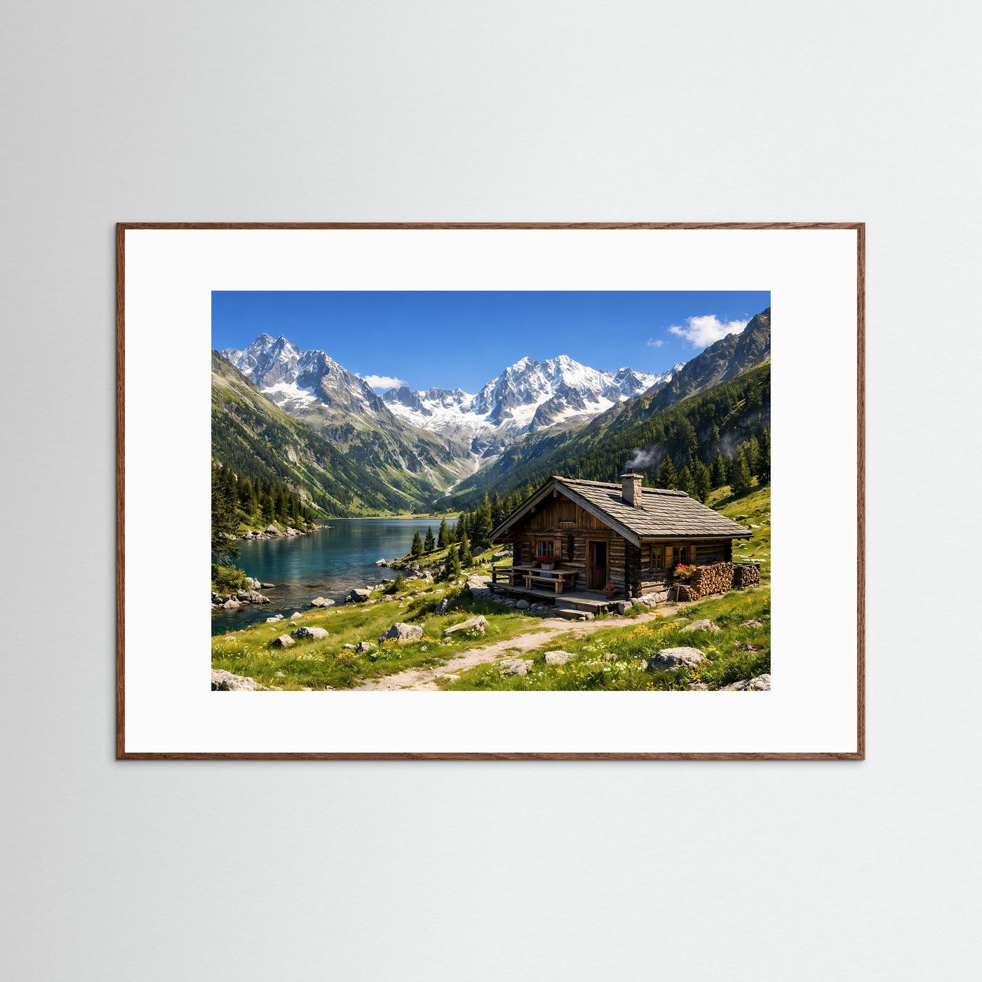 Alpenpanorama mit gemütlicher Hütte | Bergsee & Natur Poster Querformat