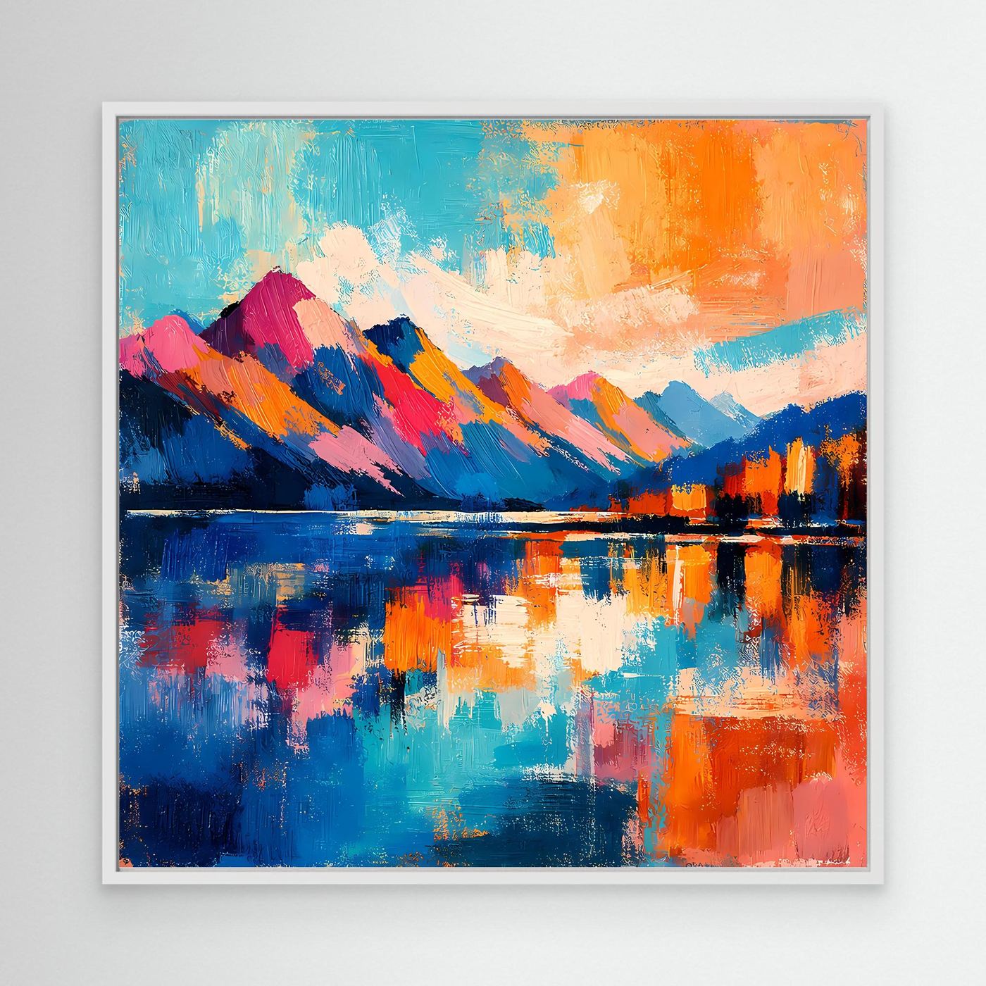 Leinwand-Wandbild mit abstrakter Bergkette am See in Blau und Orange, mit weißem Rahmen